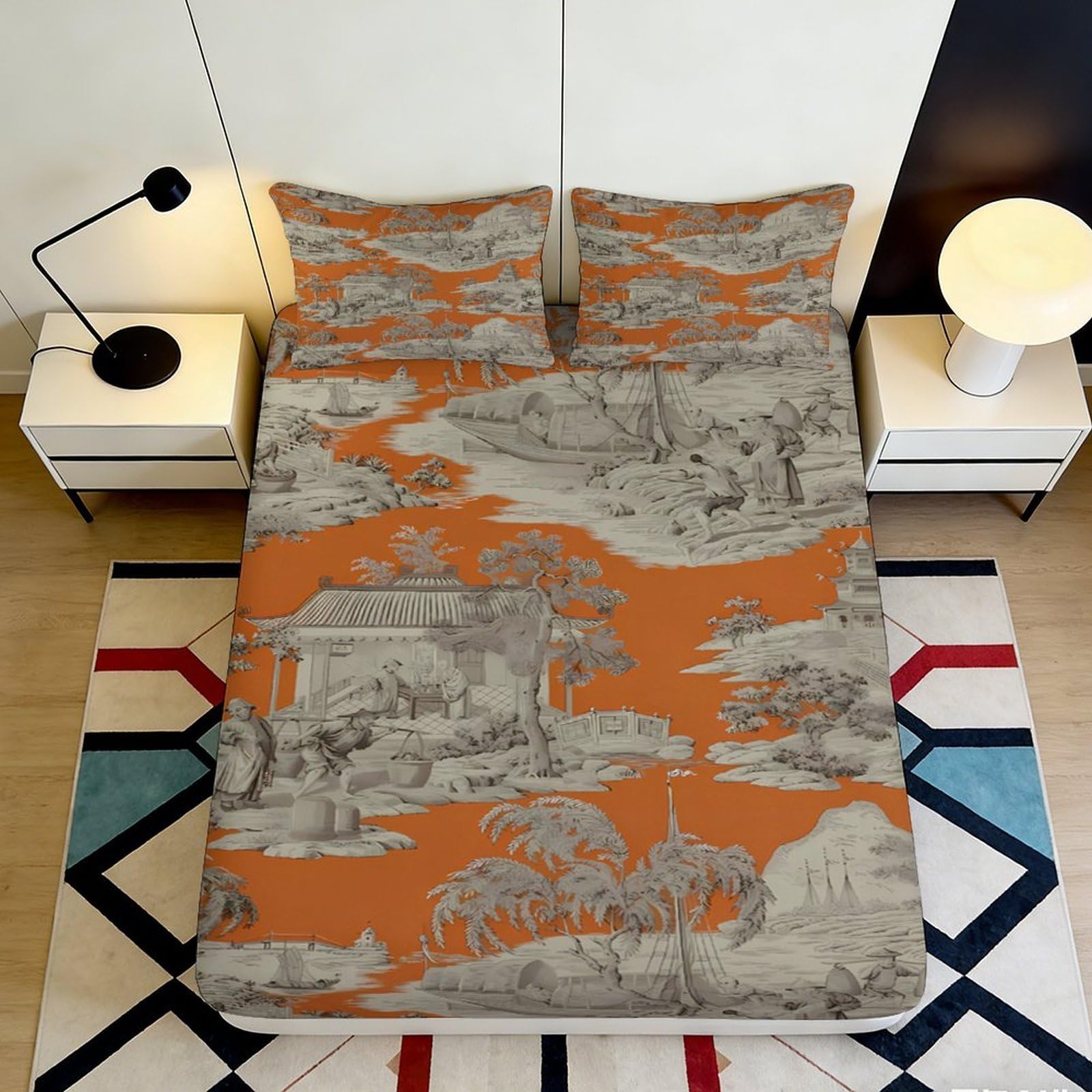 3D Printed Vintage Landscape Fitted Sheet Microfiber Orange River Scene Mattress Cover for Bedroom Home Decor 90x200x25cm