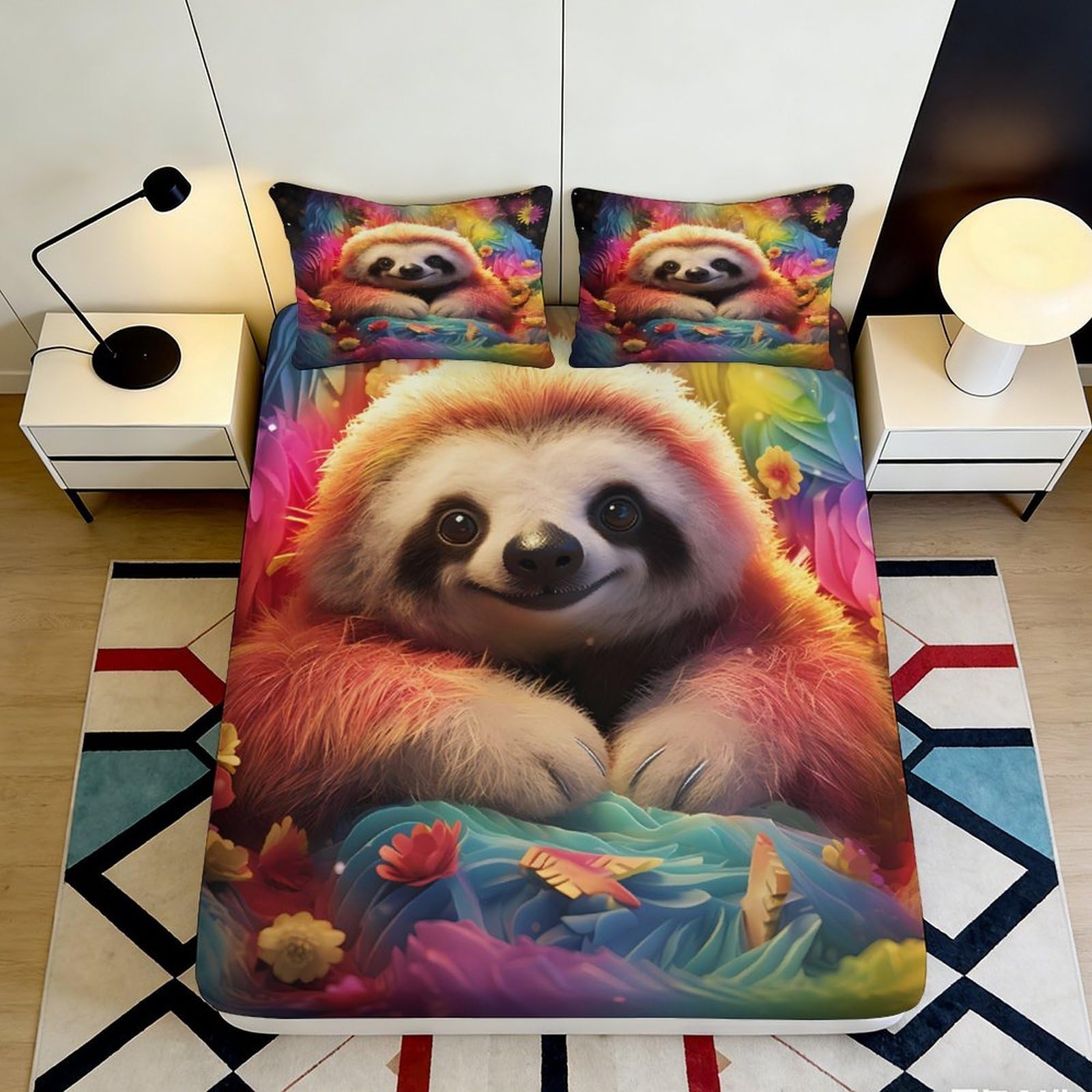 3D Printed Rainbow Sloth Fitted Sheet Microfiber Soft Anti-Slip Tropical Leaves Mattress Cover for Bedroom Guest Room Decor 90x200x25cm