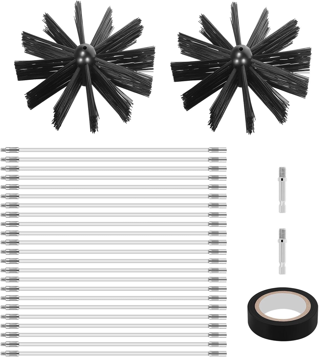 Baluue Chimney Cleaning Brush Kit with 23 Flexible 410cm Rods, 2 Sturdy 6-inch Brush Heads, Hex Connector and Tape – Fireplace and Dryer Vent Sweep Tools for Professional Chimney
