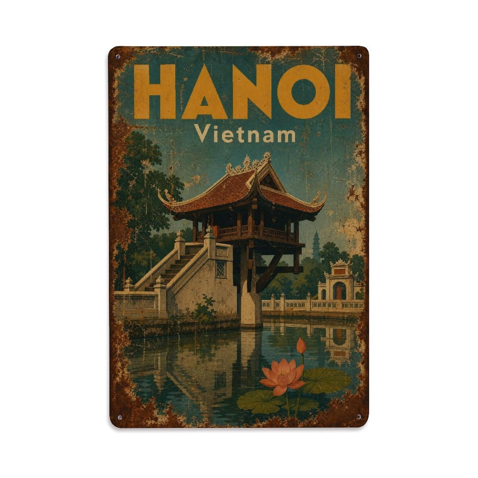 Vietnam Hanoi Pagoda Temple Landmark Travel Retro Metal Tin Sign