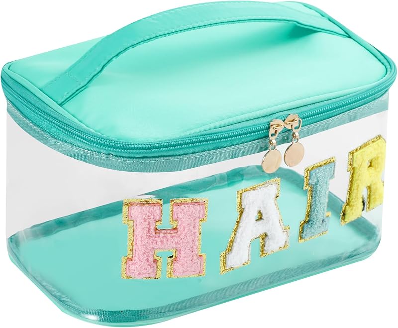 Necessaire transparente de maquiagem uekeboag com letras em chenille 05Hair-Green