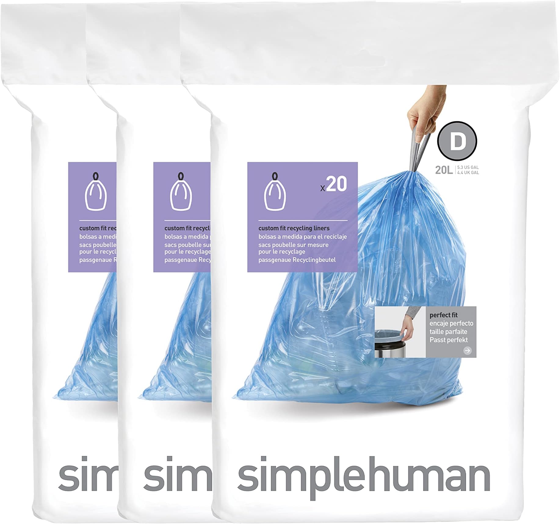 simplehuman Code D Custom Fit Drawstring Trash Bags in Dispenser Packs, 60 Count, 20 Liter / 5.3 Gallon, Blue