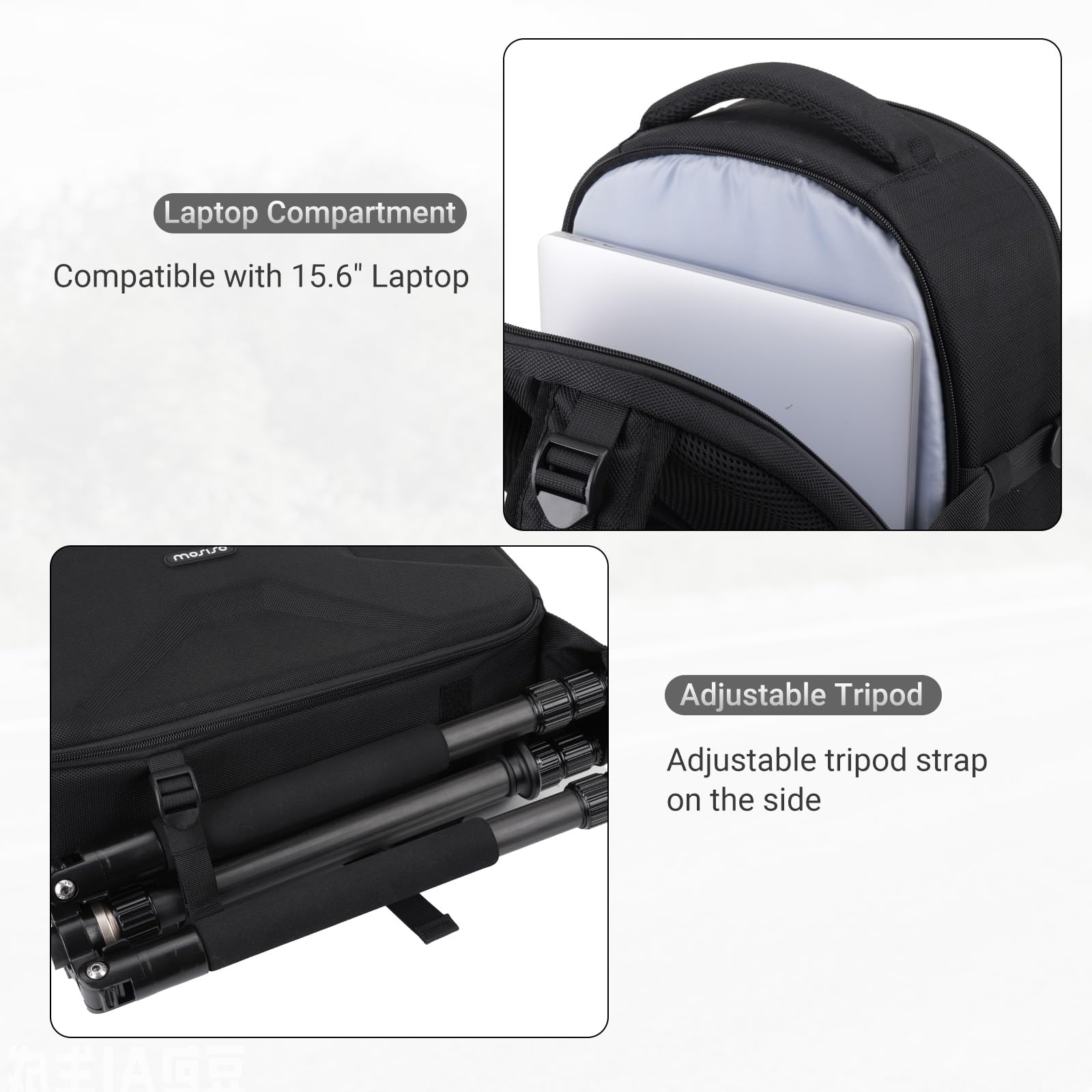 MOSISO Plecak na aparat, DSLR/SLR/plecak na aparat fotograficzny z uchwytem na statyw, kieszeń na laptopa 15,6", ochrona przed deszczem, kompatybilny z dronami Canon/Nikon/Sony/DJI Mavic, czarny