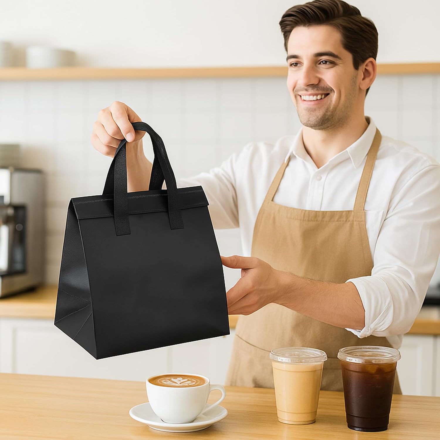 50 Pcs Insulated Take Away Bags Bulk, Small Insulated Cooler Bag Grocery Bags, Thermal Insulation Food for Coffee, Take-away Dinner, Milky Tea, Cold or Warm Food Drive, 9.5 x 6 x 10 Inches, Black