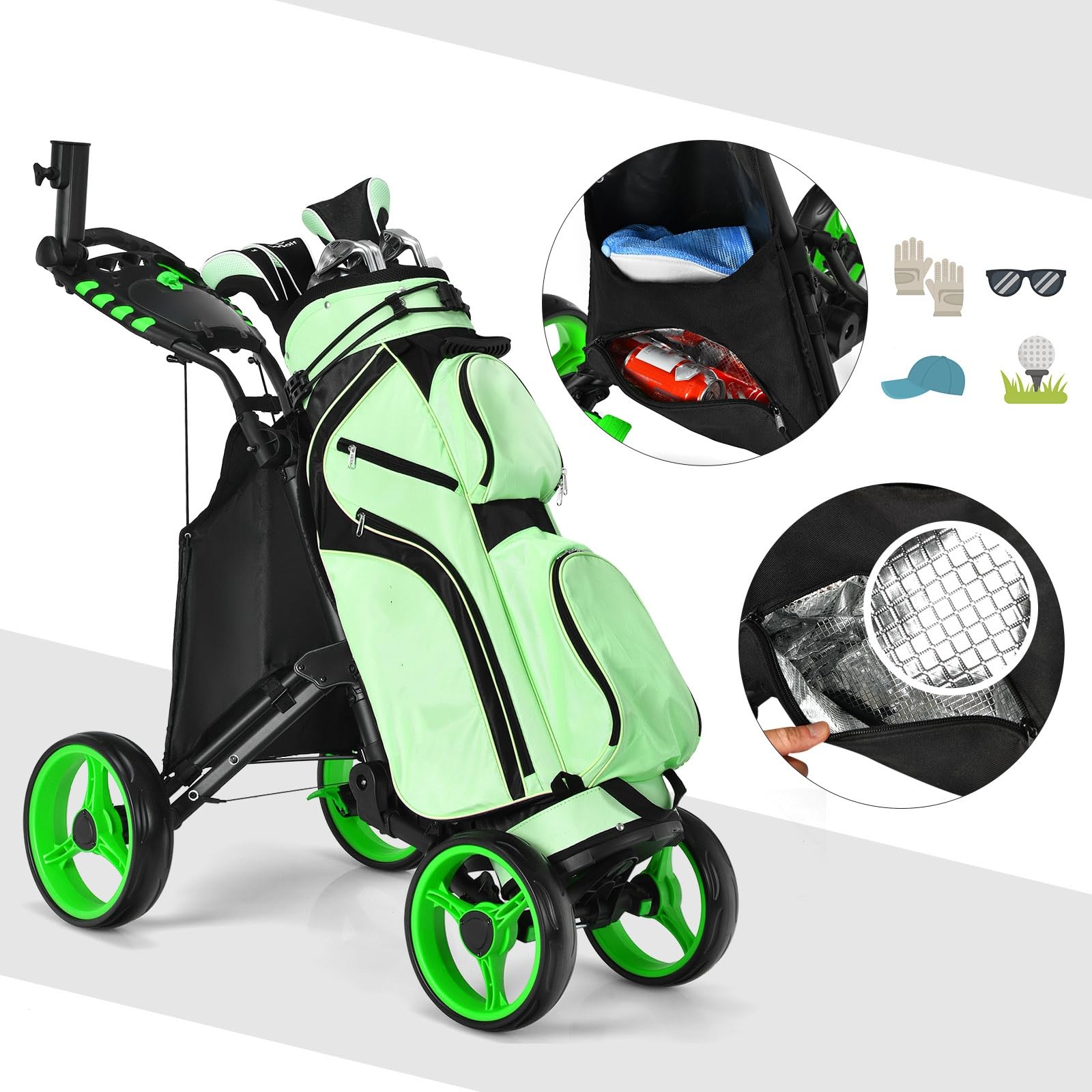 LIFEZEAL Carrello da golf leggero con 4 ruote, carrello da golf pieghevole con borsa, freno a pedale e maniglia regolabile, 110 x 65 x 100 cm