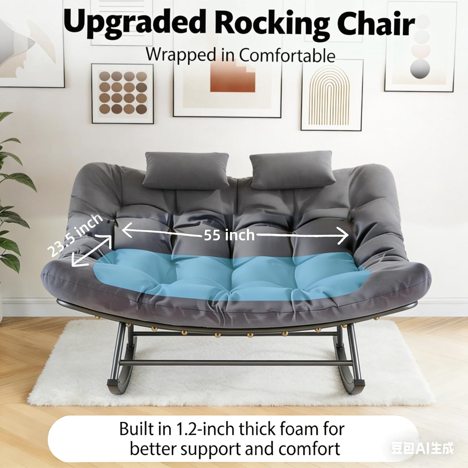 Outdoor Rocking Papasan Chair, Oversized Papasan Rocking Chair for 2, Double Patio Rocking Chair with Thick Water-Repellent Fabric Cushion, Loveseat Rocker, Comfy Recliner 550 lbs (Grey)