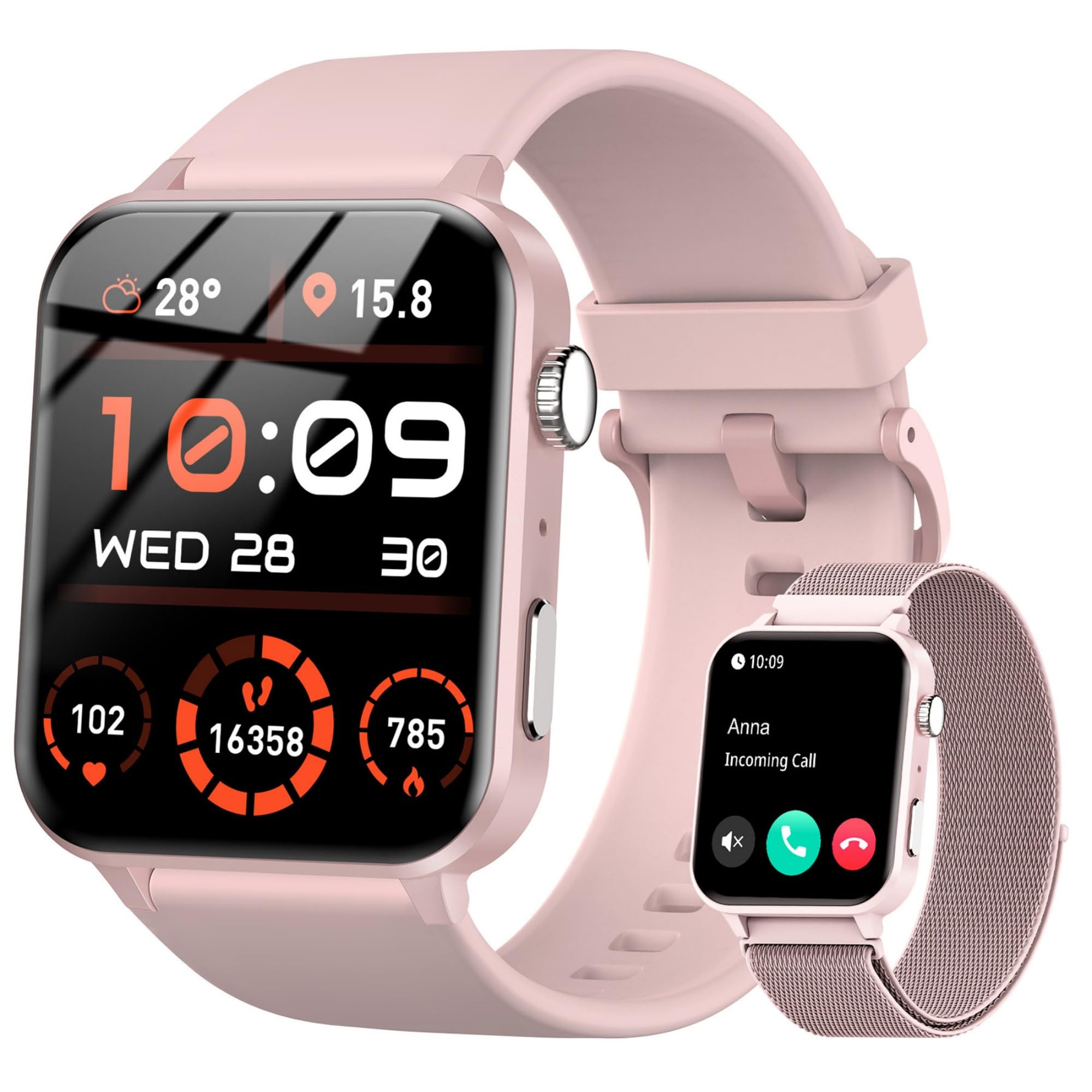 IOWODO Reloj Inteligente Hombre Mujer, Smartwatch Mujer con 2 Correas,1.85" Reloj Deporte Mujer con Funciún Llamadas y Whatsapp Mensajes Bluetooth,100 Modos Deporte para iOS Android Teléfono (Rosa)