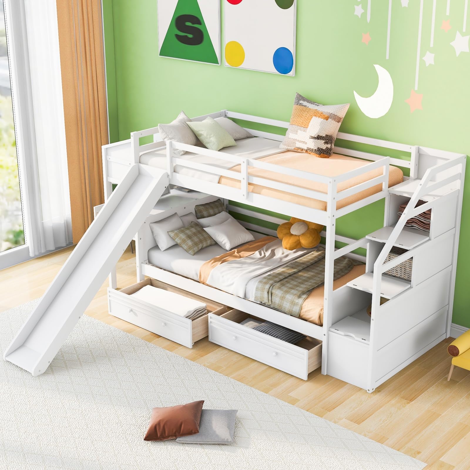 Twin Over Twin Bunk Bed with Storage Staircase, Slide &amp; Desk, 2 Under-Bed Drawers + Desk with 2 Drawers &amp; Shelves, Solid Pine Wood/MDF, No Box Spring Needed, Mattress Not Included, White
