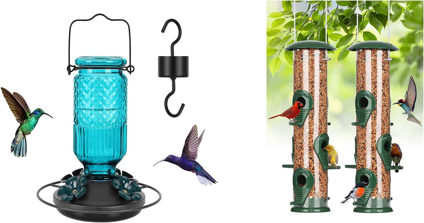 FEED GARDEN Glass Hummingbird Feeder for Outdoors Hanging and 2 Pack 6-Port Metal Tube Bird Feeders