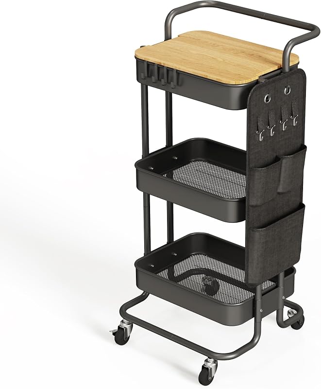 DTK Carro rodante de metal de 3 niveles con mesa y bolsas laterales, bandeja organizadora de almacenamiento, ruedas, arte artesanal, 4 ganchos para cocina, baño, oficina, sala de estar (negro)