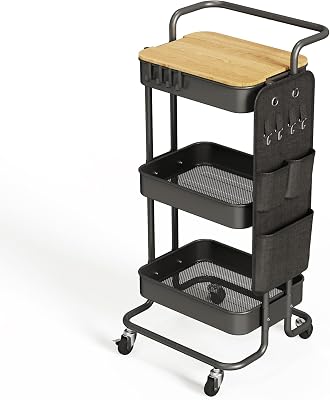 DTK black 3 tier rolling craft cart with removable tabletop, side storage bag and hooks