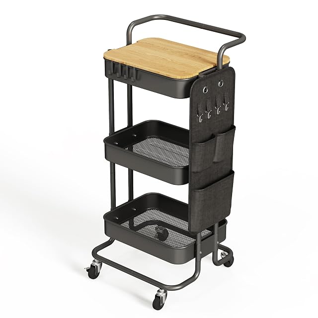 DTK 3 Tier Metal Utility Rolling Cart with Table Top and Side Bags Tray Storage Organizer Wheels Art