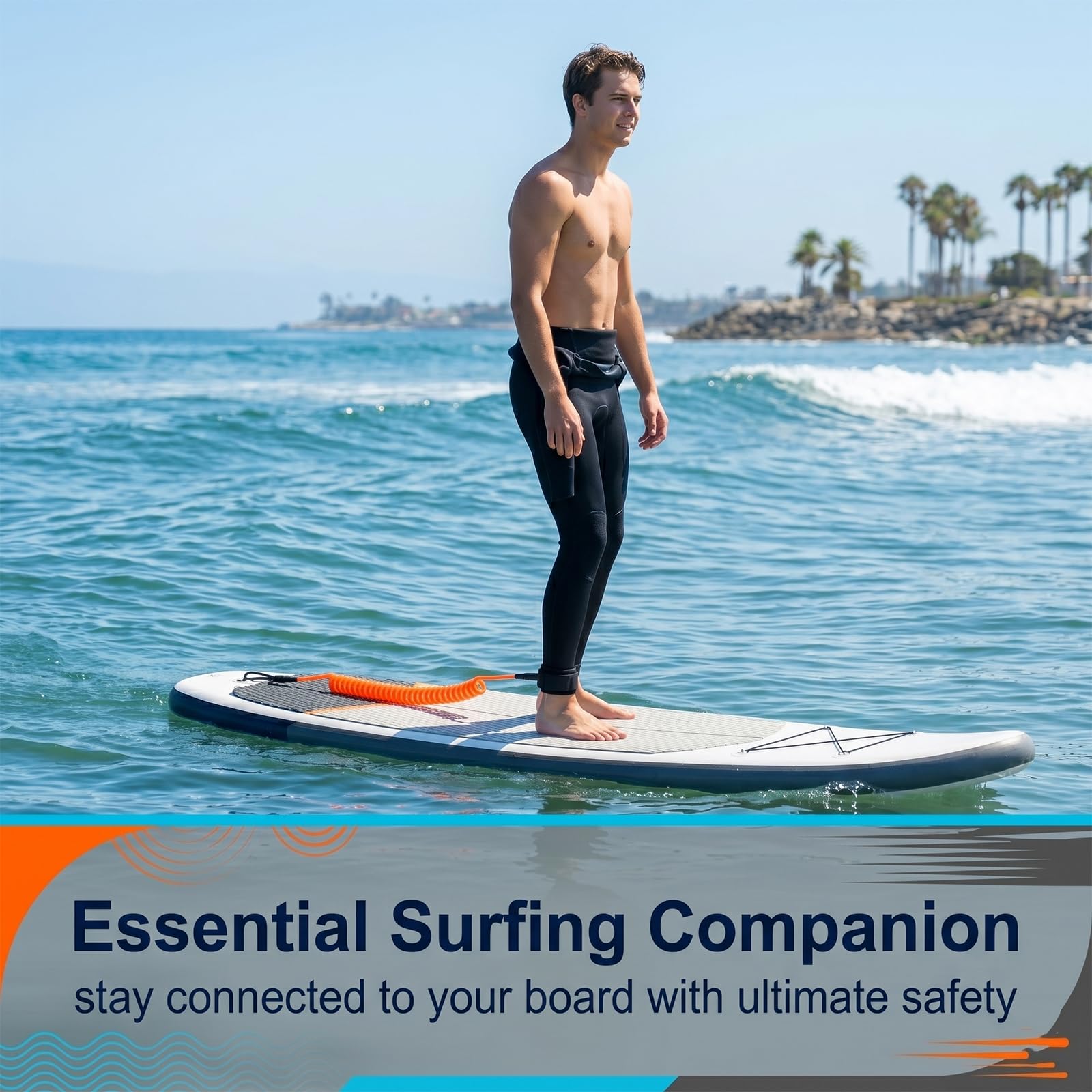 Leash de Surf 10ft 5mm, Laisse de Paddle Stand Up pour Planche de Surf et Kayak, Corde de Traction de Sécurité avec Attache Cheville Confortable, Accessoire SUP Orange Rouge