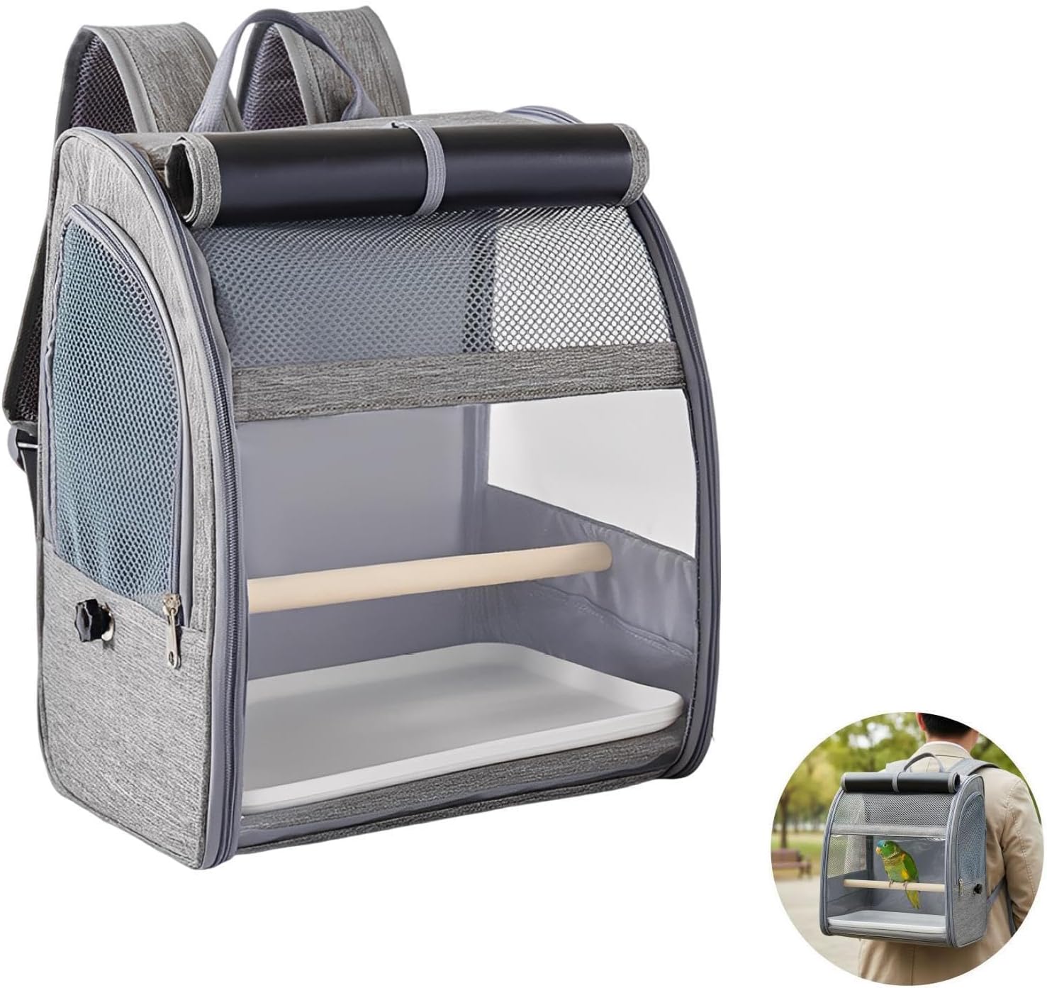 Bosreroy Bird Backpack Carrier, Gray Pet Travel Cage with Mesh Window, Large Space for Parrots Cockatiels Pigeons, Portable with Removable Perch and Tray 12.2 X 9.6 X 15 in
