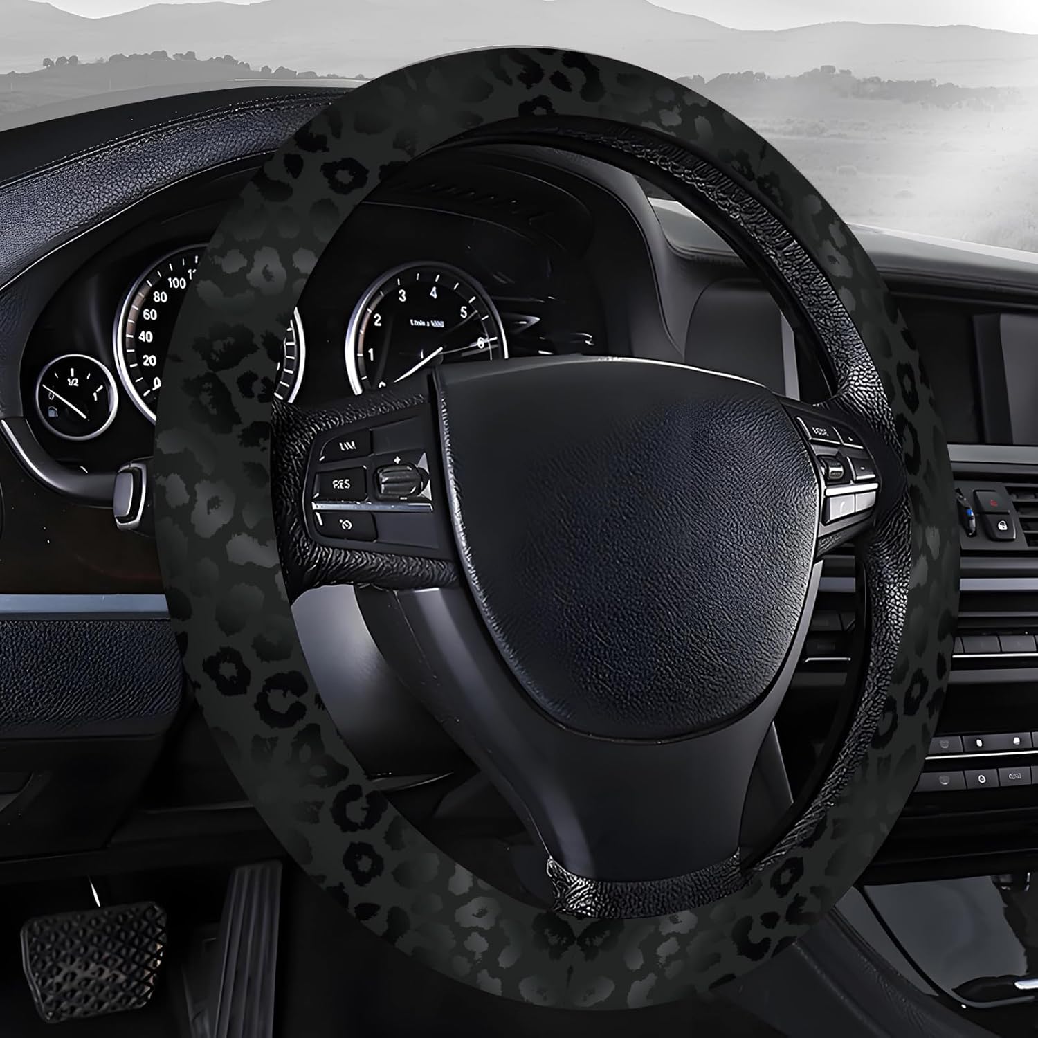 Steering Wheel Covers for Car, Truck, and SUV, Cute Non-Slip Breathable Elastic Steering Wheel, Car Accessories, Universal 15 Inch Leather Cover for Men Women Black Leopard Print