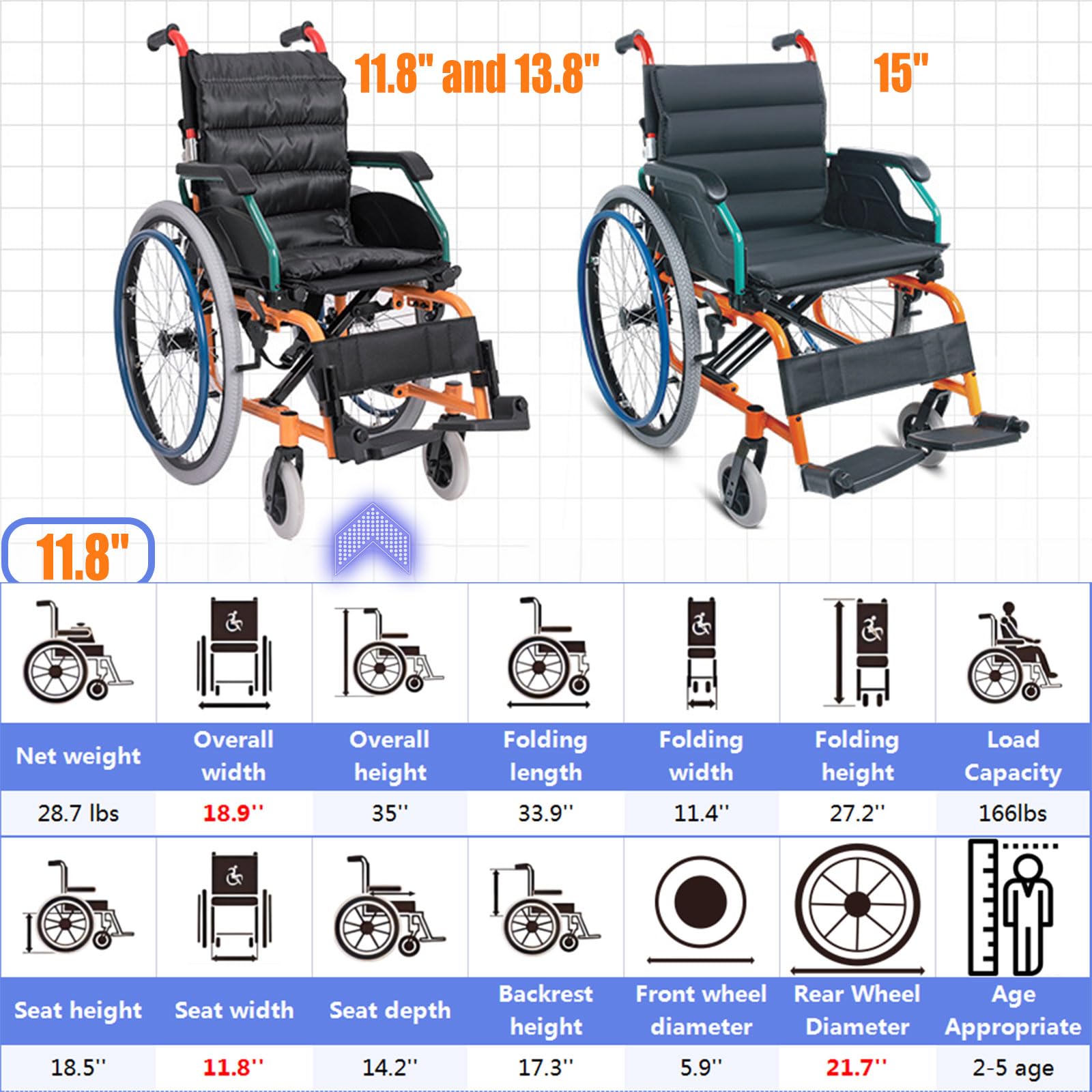 Silla de ruedas pediátrica ultraligera para niños, asiento extra estrecho para niños con parálisis cerebral, silla de ruedas manual plegable con cinturón de seguridad, soporte de pie abatible y mesa