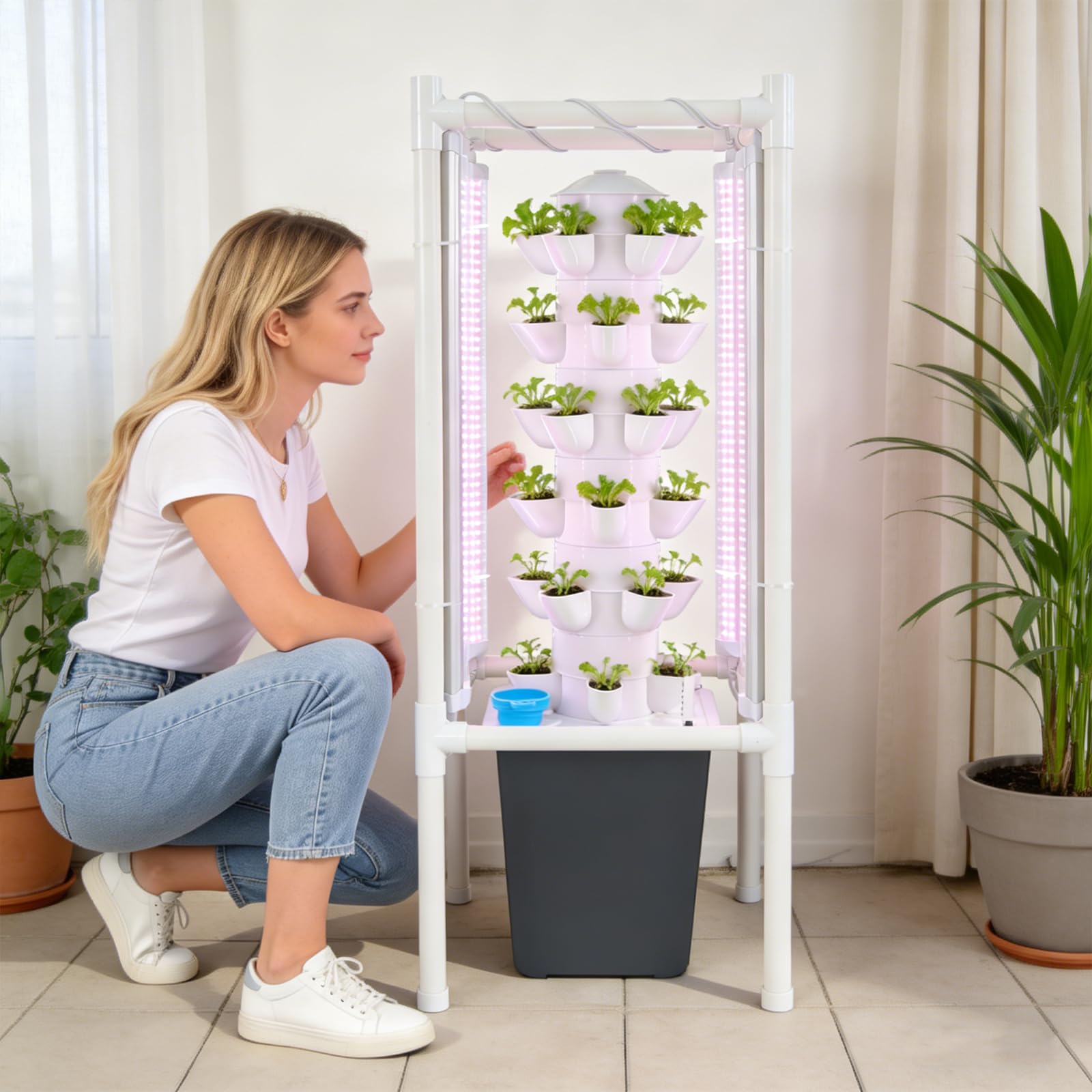 Kit de cultivo hidropónico vertical, sistema hidropónico gris con 30