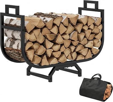 30 Inch Firewood Rack with Log Carrier Bag, Outdoor Indoor Fire Wood Rack Holder with handles, Metal Heavy Duty Log Holder Storage for Fireplace Patio Deck