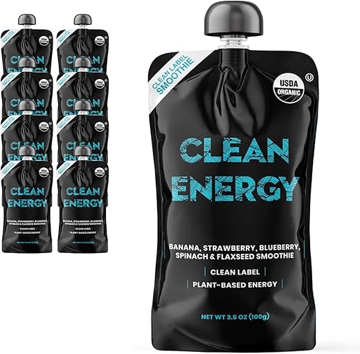 Clean Label Organic Fruit Smoothie Sports Pouches - Healthy Nutrition Drinks, Gluten Free, Caffeine Free, Vegan, Kosher, Convenient Snacks - Banana, Strawberry, & Blueberry Smoothie – 8 Pouch Pack