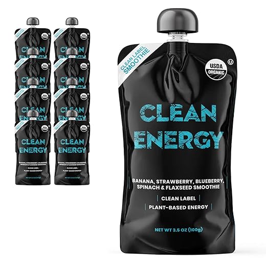 Clean Label Organic Fruit Smoothie Sports Pouches - Healthy Nutrition Drinks, Gluten Free, Caffeine Free, Vegan, Kosher, Convenient Snacks - Banana, Strawberry, & Blueberry Smoothie – 8 Pouch Pack