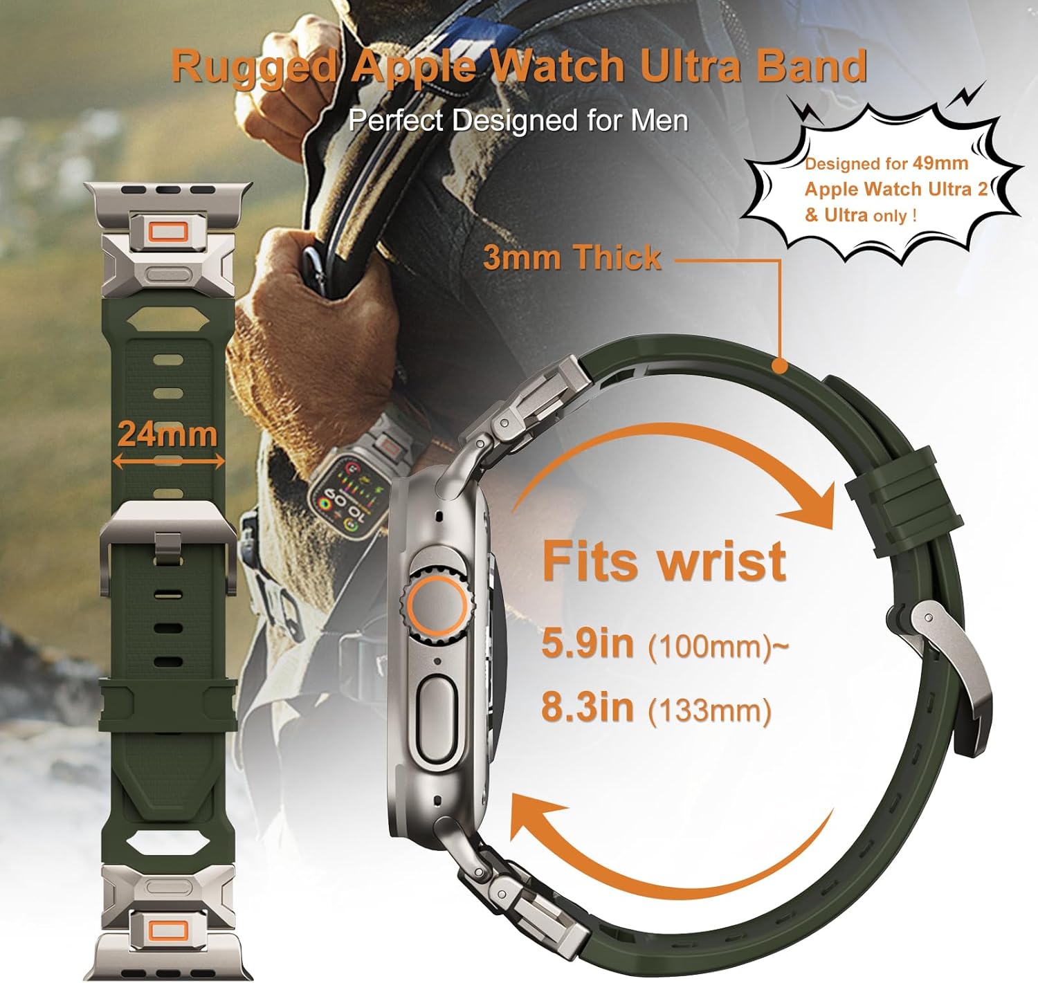 Sport Band for Apple Watch Ultra 2 & Ultra 49mm, FKM Rugged Ultra 2 Watch Bands for Men, Waterproof Apple Watch Wristband with Metal Connector, Men's Military Sport iWatch Replacement Strap