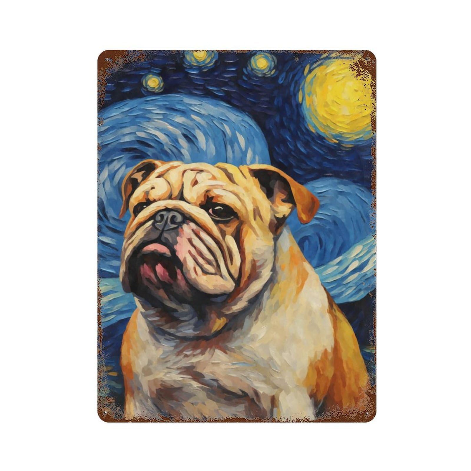 Bulldog Starry Night 15.7"x11.8" Distressed Metal Wall Sign, Shabby Chic Decor for Office, Studio And Wall Decor