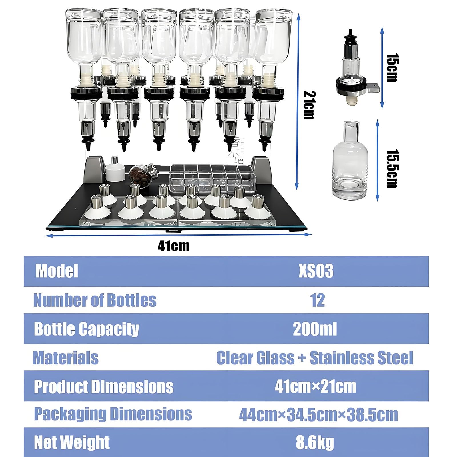 Dispenser manuale di profumo da tavolo, con capacità di riempimento per liquidi, compatibile con 6/8/12 flaconi, flaconi di profumo in vetro da 200 ml e porta-tester professionale per profumi(8 Heads)