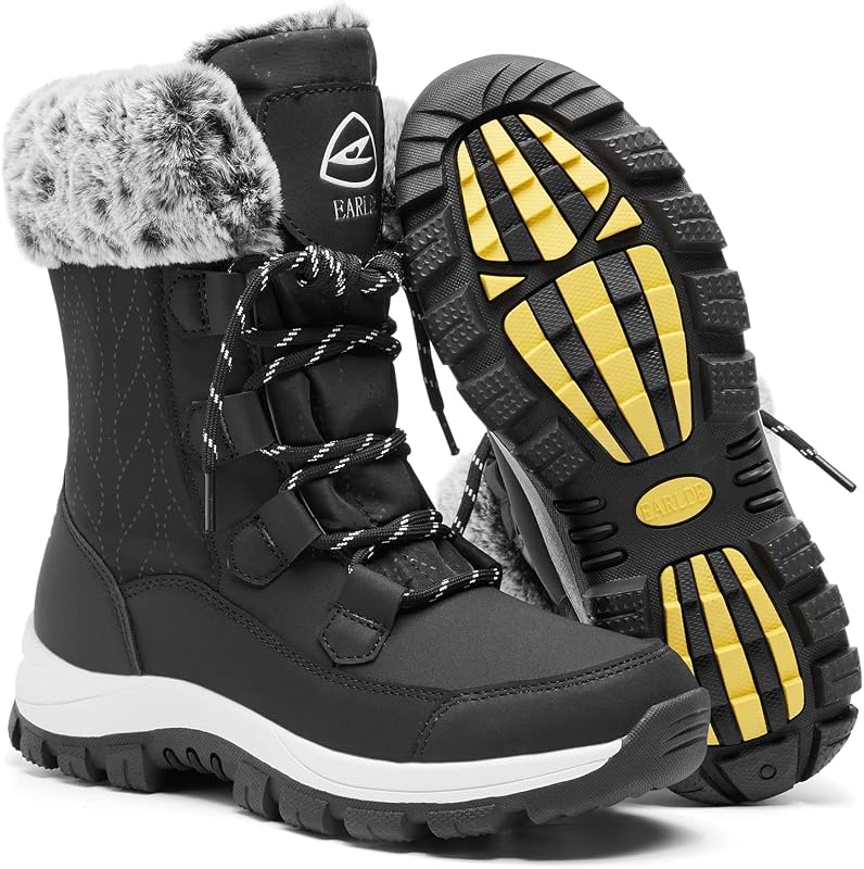 Botas de nieve para mujer Botas de invierno impermeables a media pantorrilla | Suela antideslizante, entresuela ligera, forro de piel cálido, resistente al viento y a la arena, con cordones, para caminar en interiores y exteriores.
