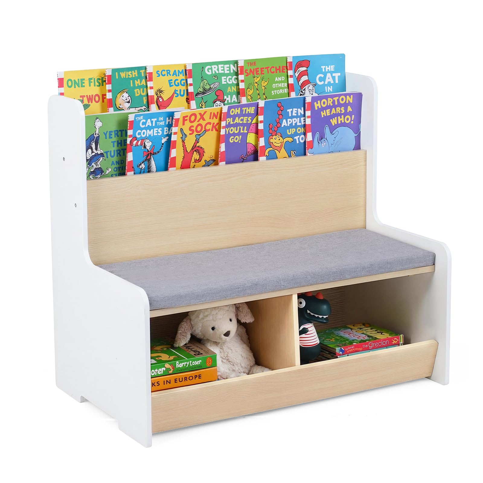COSTWAY Libreria Montessoriana per Bambini con Panchina, Porta Libri Bambini con Portariviste a 2 Ripiani, 2 Scomparti Aperti e Cuscino Seduta Rimovibile, Libreria Salvaspazio per Cameretta (Bianco)