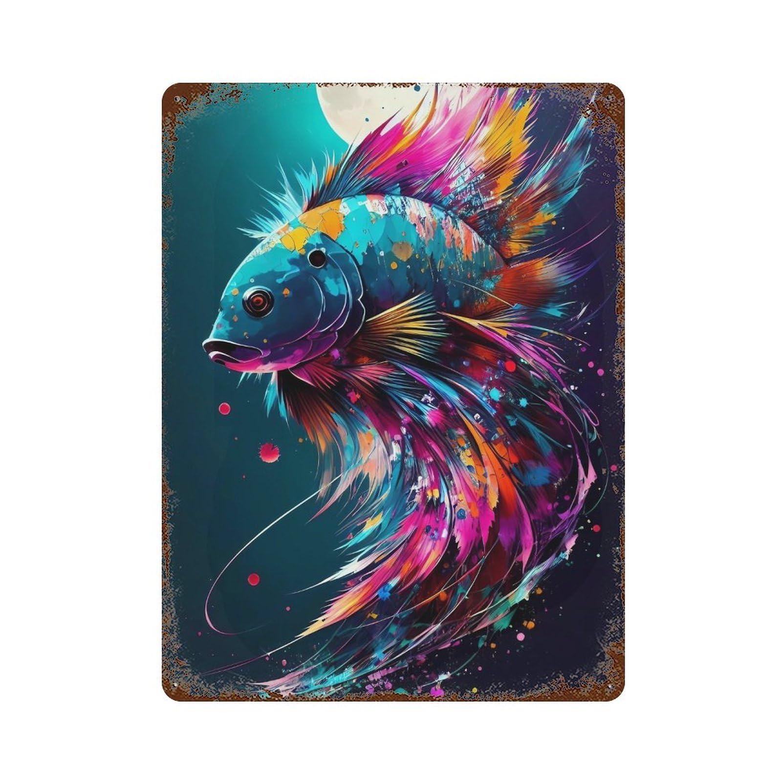 Colorful Betta Fish Art Print 15.7"x11.8" Rustic Tin Plaque, Novelty Wall Decor for Bistro, Counter And Cafe Decor