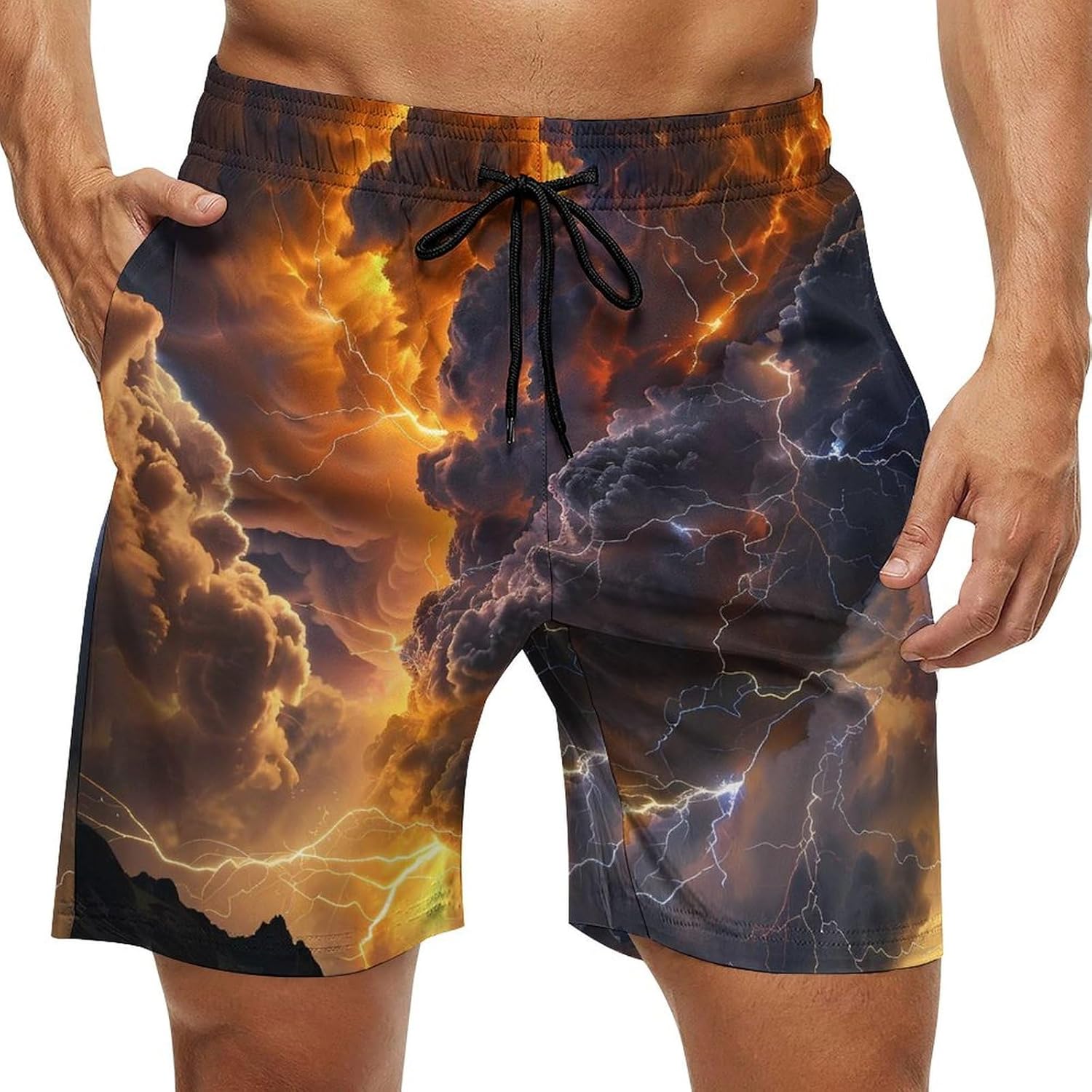 Natural Light-ning Clound Casual Men's Swim Trunks Novelty Summer Beach Shorts Swimwear with Pocket