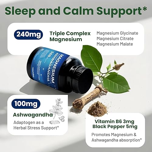 Miniatura 4 de Suplemento de magnesio triple complejo 90 cápsulas – Glicinato de magnesio de alta absorción + malato + citrato con ashwagandha para dormir, salud