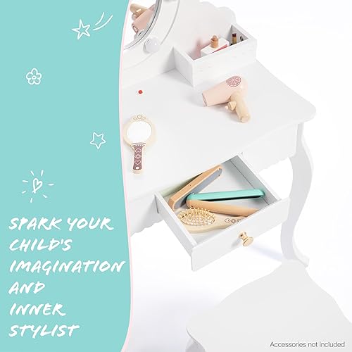 Miniatura 6 de Spirich Vanidad para niños, juego de tocador para niñas con espejo, taburete y luces, juego de mesa y silla de tocador para niños, mesa de tocador