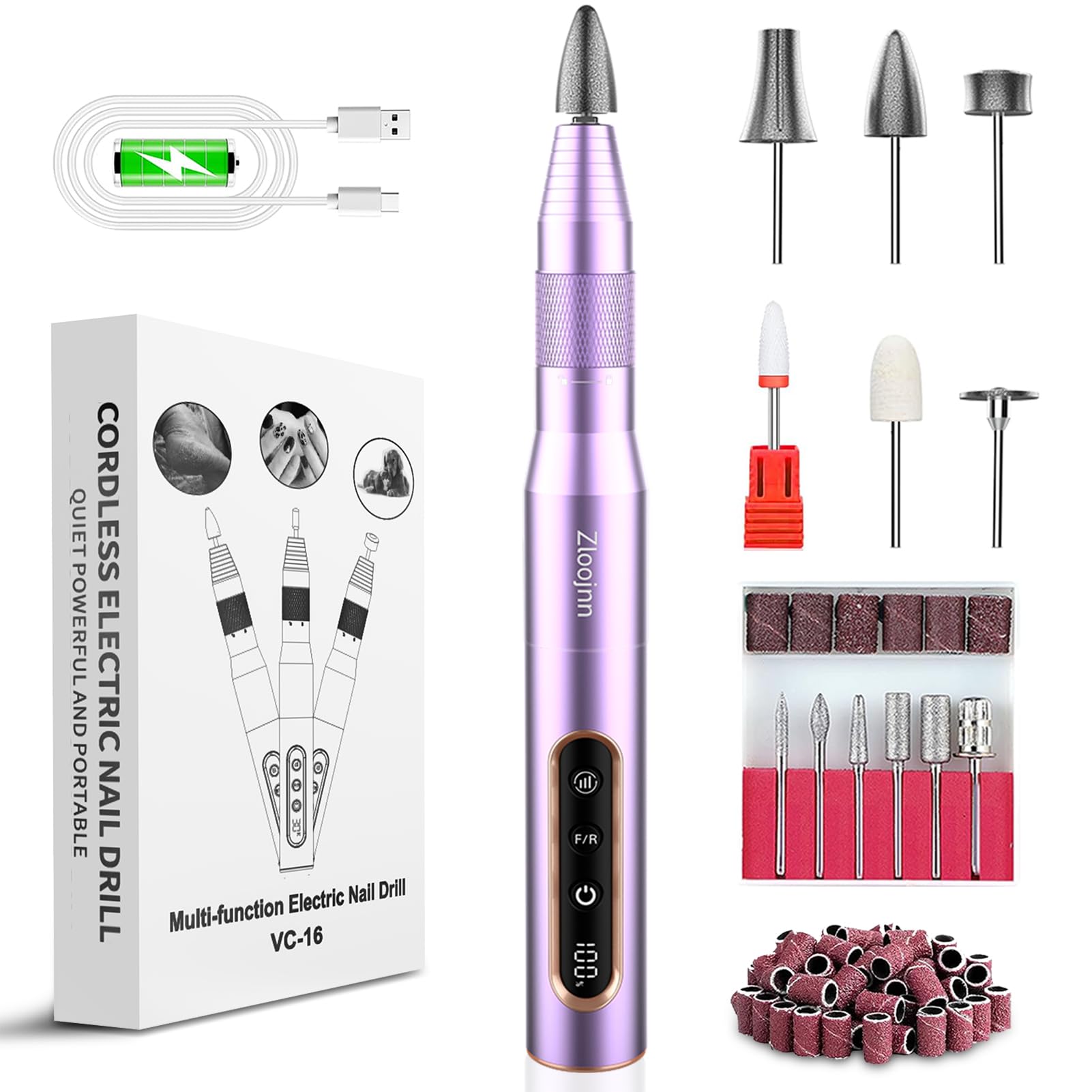 Kabelloser Nagelbohrer Elektrisch Wiederaufladbare Feile Kit, Professionelles Efile Acrylgel Nagellackentferner Pediküre Maniküre Maschine Tragbares Set für Salon Zuhause Lila