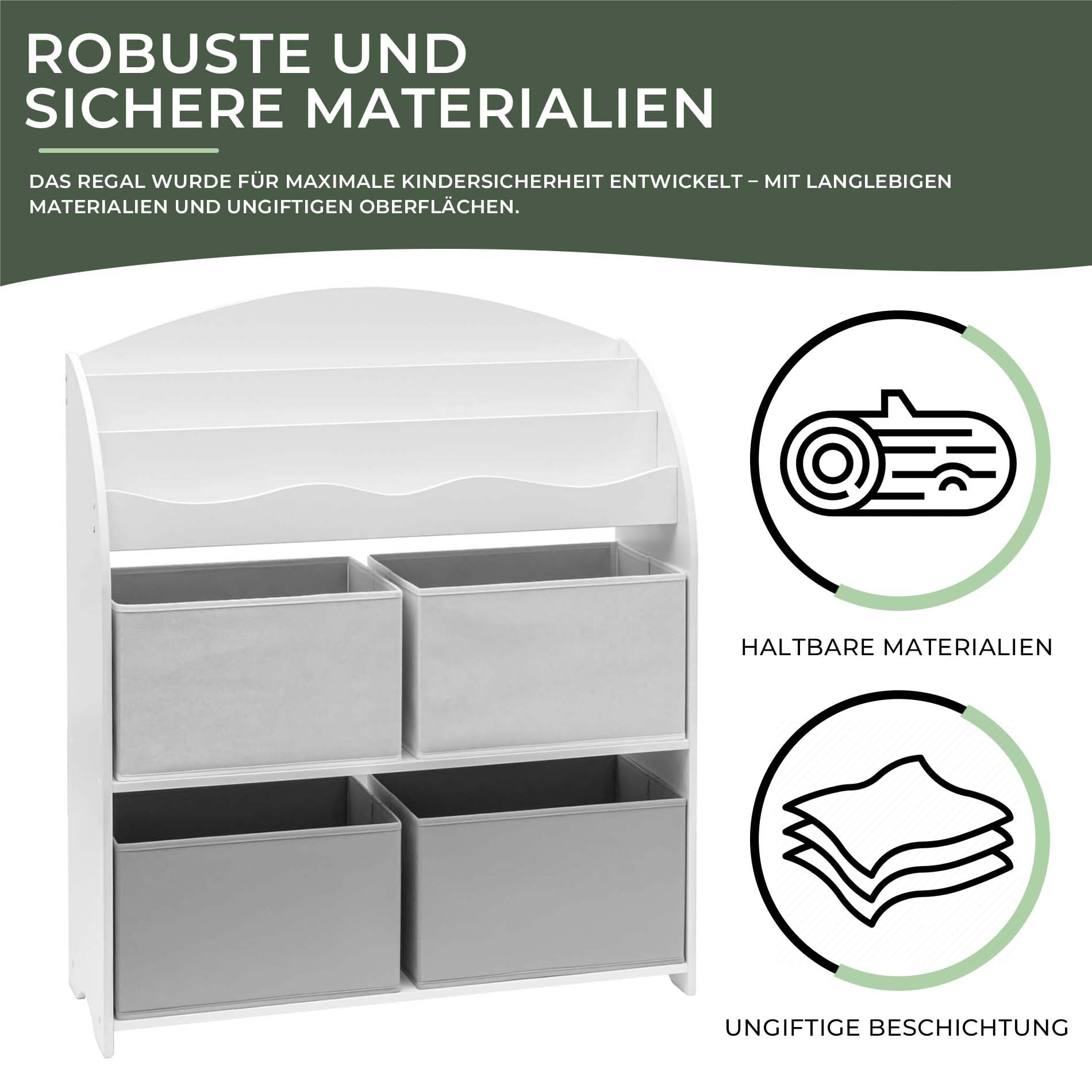Rebecca Mobili Spielzeugregal, Kinderspielzeugregal, Weiß Grau, MDF TNT, Mit 4 Körben, Für Kinderzimmer - Maße HxBxT: 97,5 x 82,5 x 29,5 cm - Art. RE6846