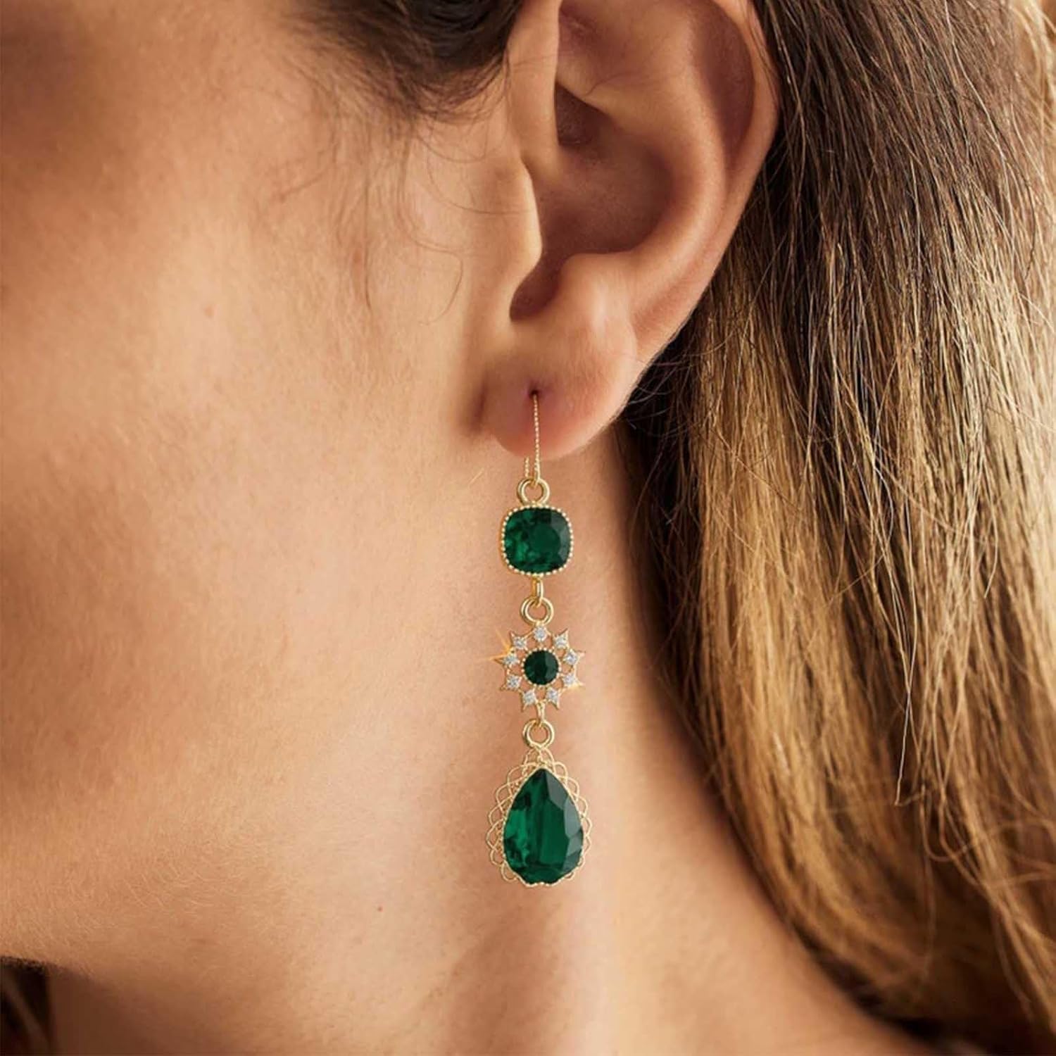 Vintage Green Emerald Dangle Earrings Green Crystal Drop Earring Teardrop Emerald Earring Long Chandelier Earrings Jewellery for Women - Image 2
