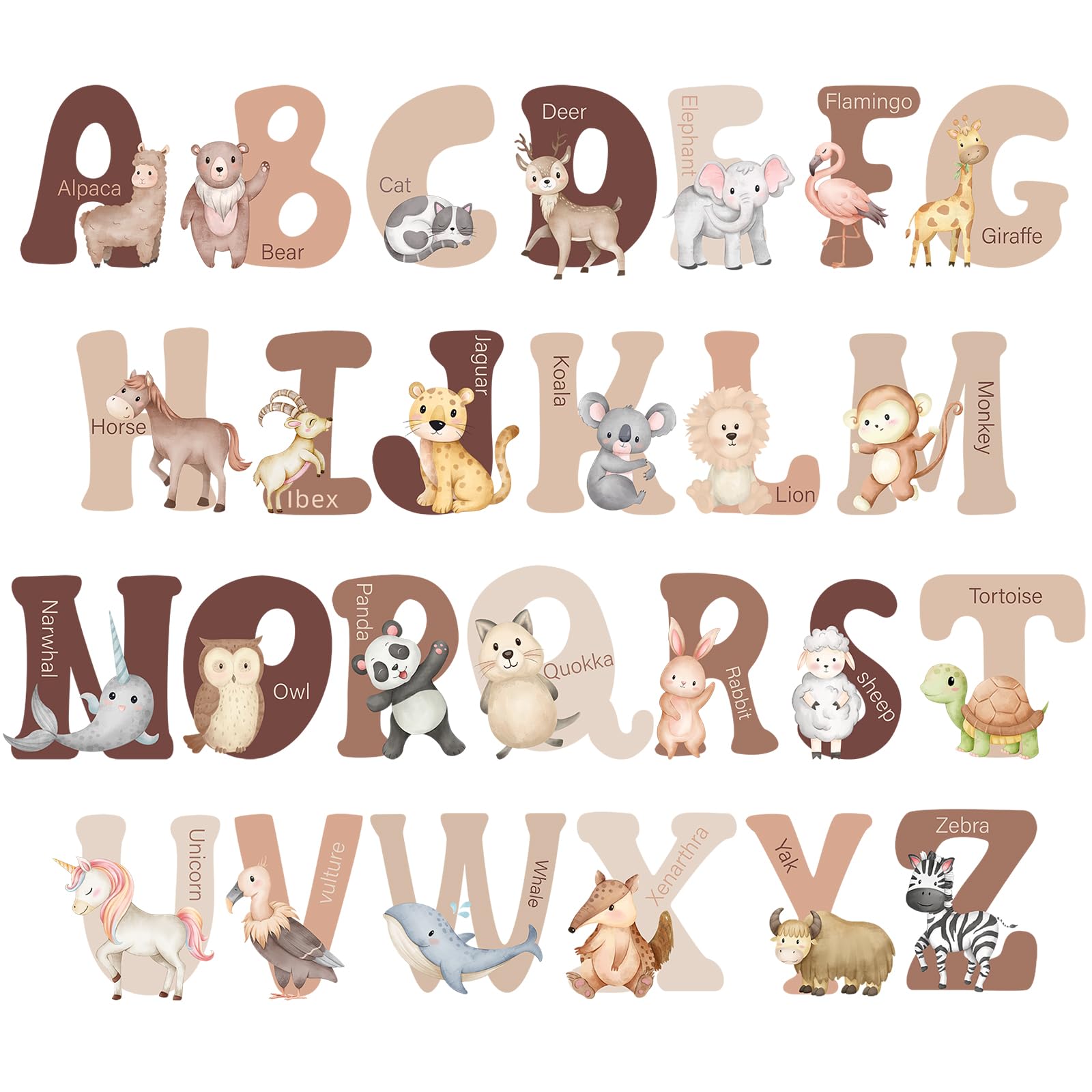 Hoteam Extra Large 6 Inch Neutral Animal Alphabet Wall Decals 26 English ABC Stickers for Wall Educational Peel and Stick Alphabet Stickers for Kids Room Nursery Classroom Playroom