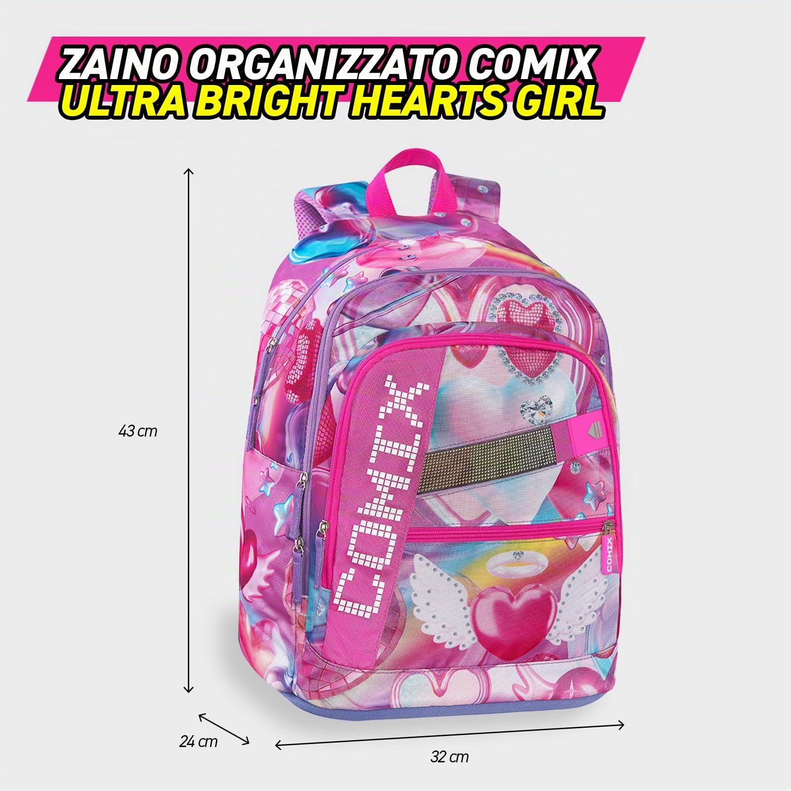 COMIX - Zaino Scuola Media, Superiore, 3 Vani con Alloggio Porta PC, Maxi Tasca Frontale, Schienale Imbottito e Rinforzato, Spallacci Imbottiti e Regolabili, Retro Antiscivolo, 32x42Hx19,5 cm