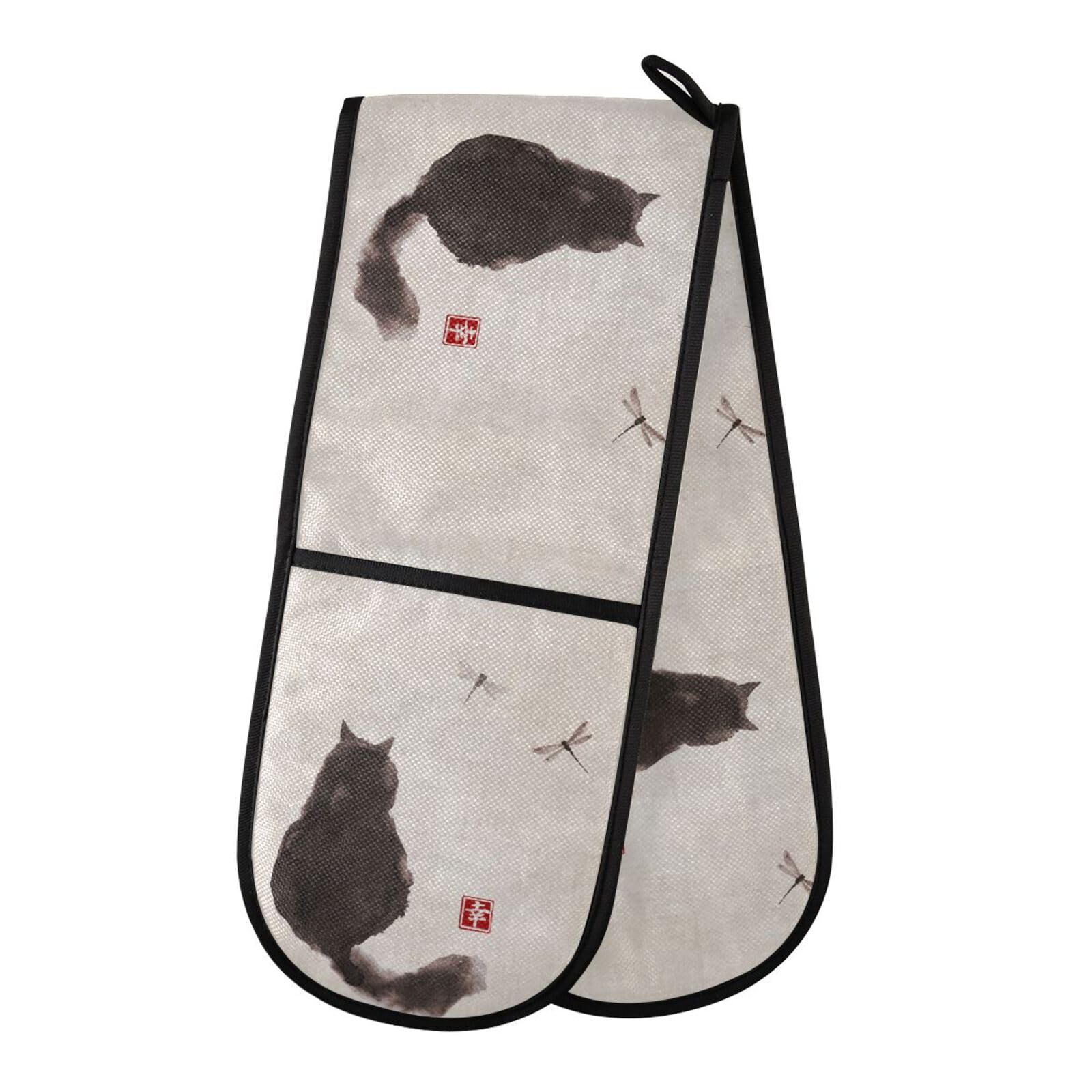 Double Oven Gloves Heat Resistant Chinese Painting Cat Double Oven Mitts Pot Holder Heat Protection Oven Gloves for Home Kitchen Baking Cooking BBQ Microwave
