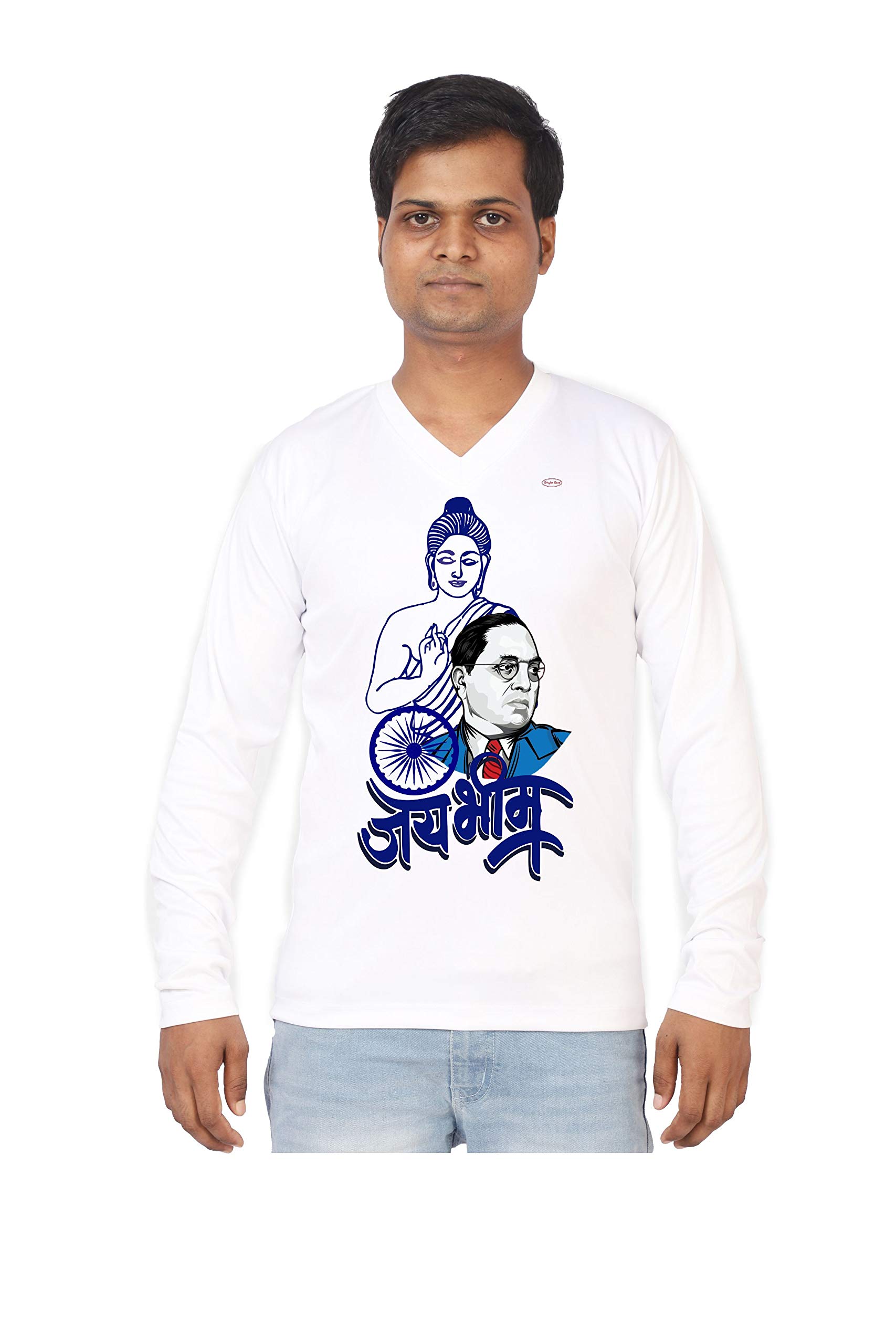 Style EvaWhite Polyester | 252 - Jai Bhim | Jai Bhim Printed Full Sleeve V Neck T-Shirt