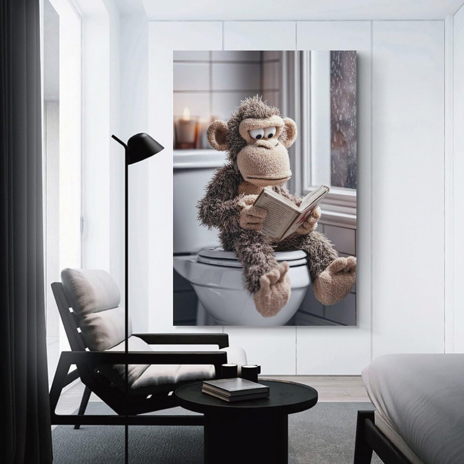 Junmoney Unframe-Style-14 Wall Picture Print Plush Monkey Reading On Toilet, 20X30inch(50X75cm), For Contemporary Homes, Apartments Or Offices, Decorative Canvas Decor For Home Updates