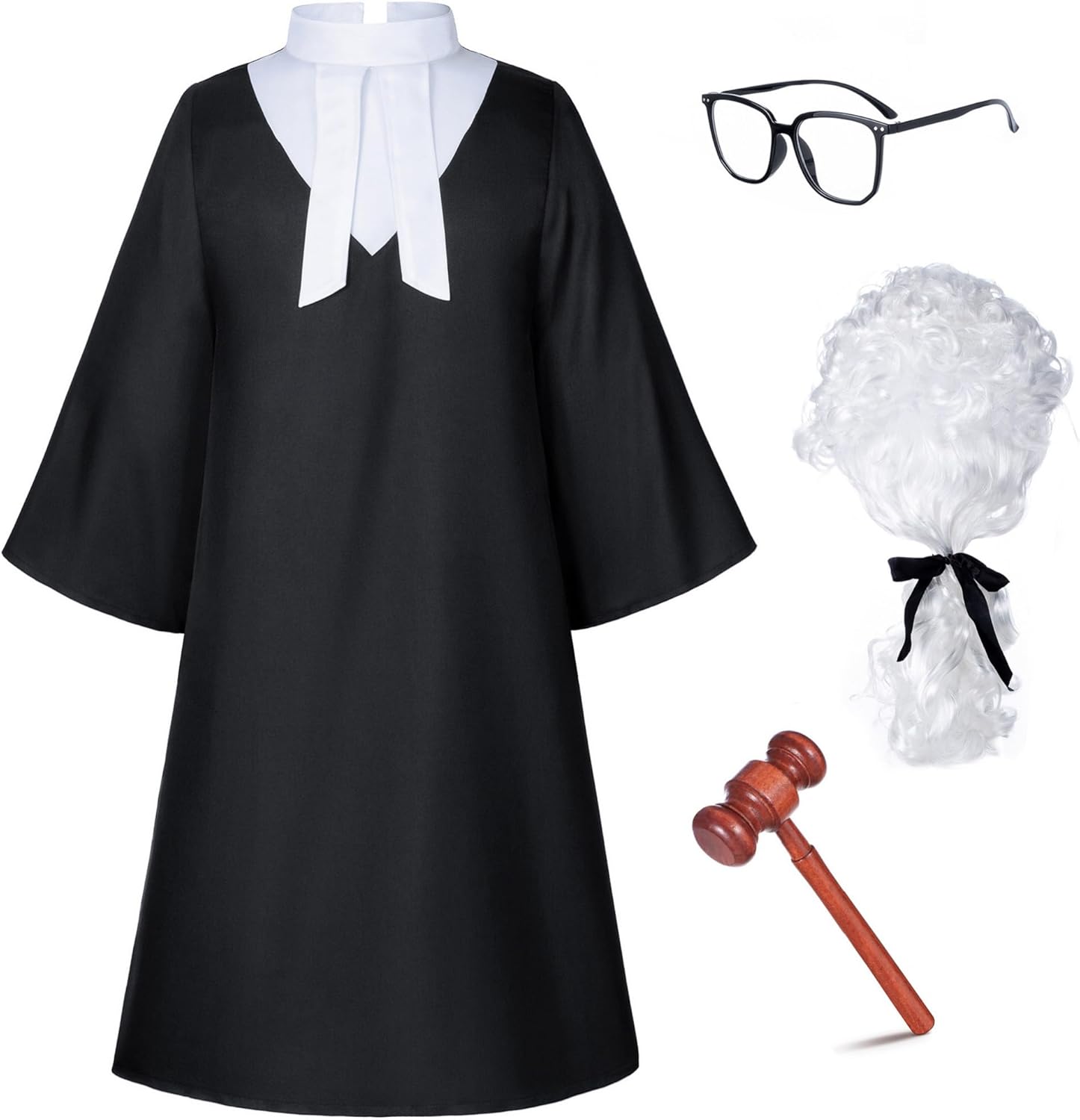 Irtysh Halloween Robe Judge Lawyer Adult Party Graduation Gown Costume Cosplay Wooden Gavel Wig Glasses Gloves set