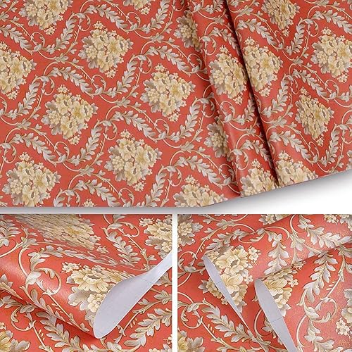 Miniatura 3 de J1232-10M - Papel tapiz de lujo para despegar y pegar damasco, color caqui/rojo, victoriano, vinilo extraíble, autoadhesivo, revestimiento de