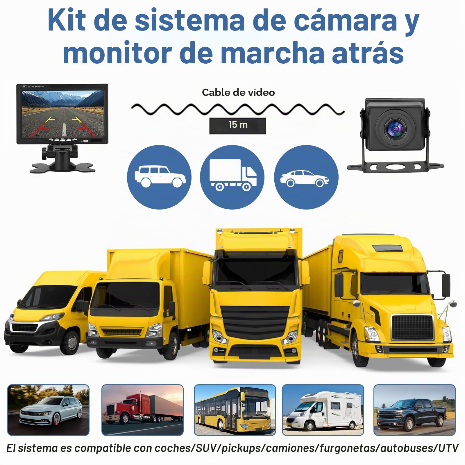 Juego de cámara de visión Trasera Dual con Monitor HD de 7 Pulgadas, visión Nocturna Impermeable IP69, con Cable de 5m/10m/15m para Camión/Remolque/Bús/Van/RV.