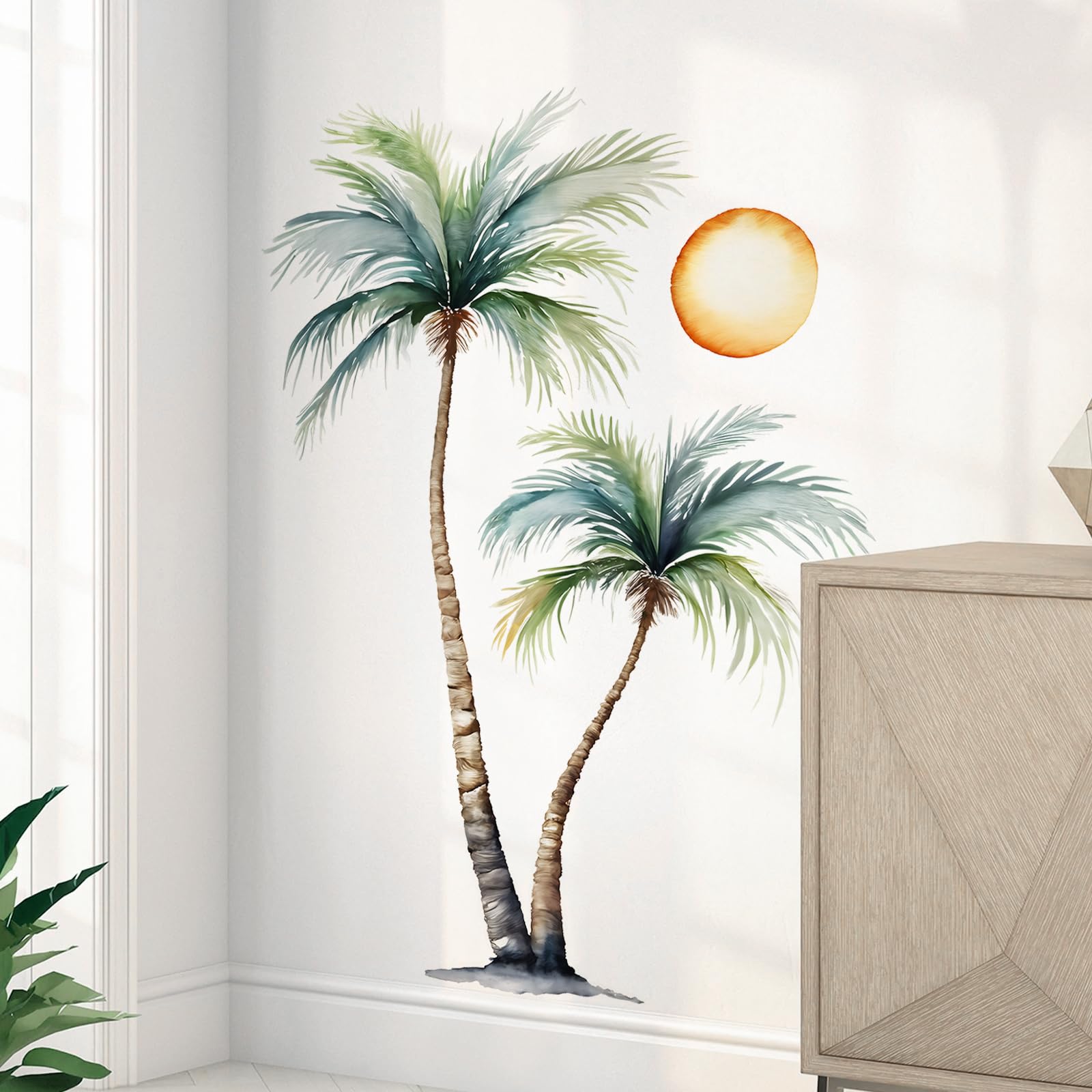 Tanlaby Large Palm Tree Wall Stickers Tropical Plants Sunset Wall Decals Watercolor Coconut Tree Summer Art Decor for Living Room Bedroom Hallway Office - Image 4