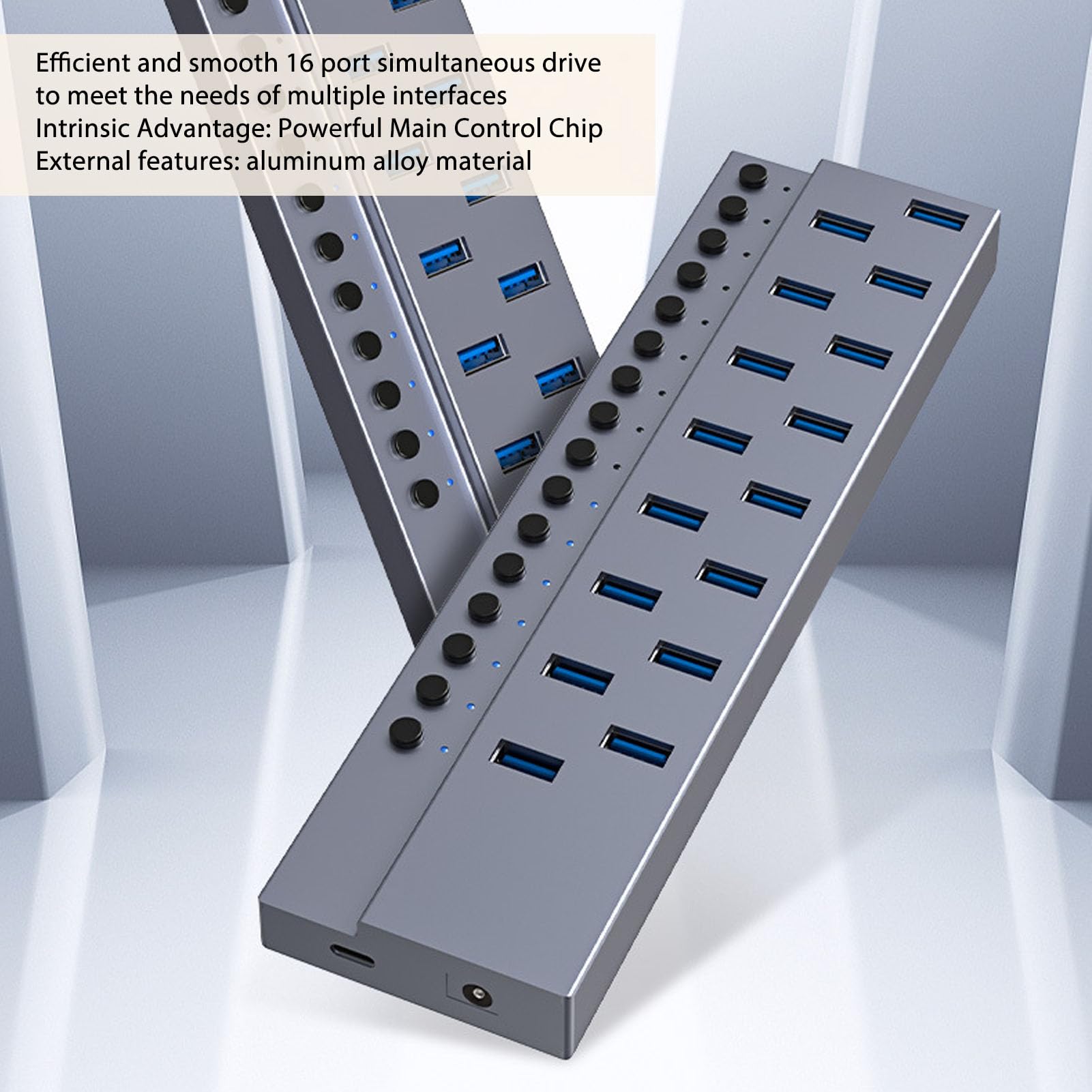 Koncentrator USB 3.0, 16-portowy Rozdzielacz Koncentratora, z Zasilaczem 12 V 8 A, Szybki Transfer Danych 5 Gb/s, Indywidualny Przełącznik z diodą LED, do Tabletu i Drukarki