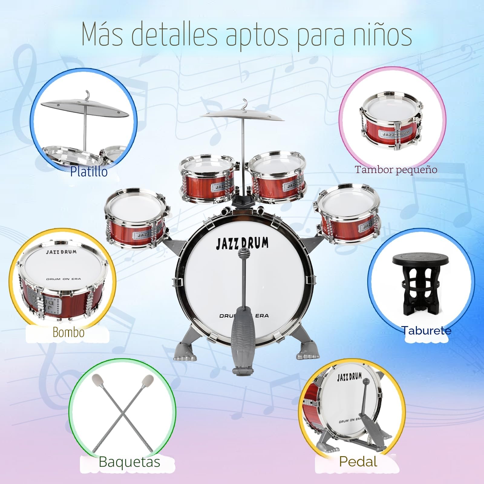m zimoon Batería de música para niños Kit, Juego Tambor Jazz Junior 5 Tambores con Taburete para Instrumento Musical de Percusión Día ​Festivo Regalo uguete Educativo por Niños Y Niñas Principiantes