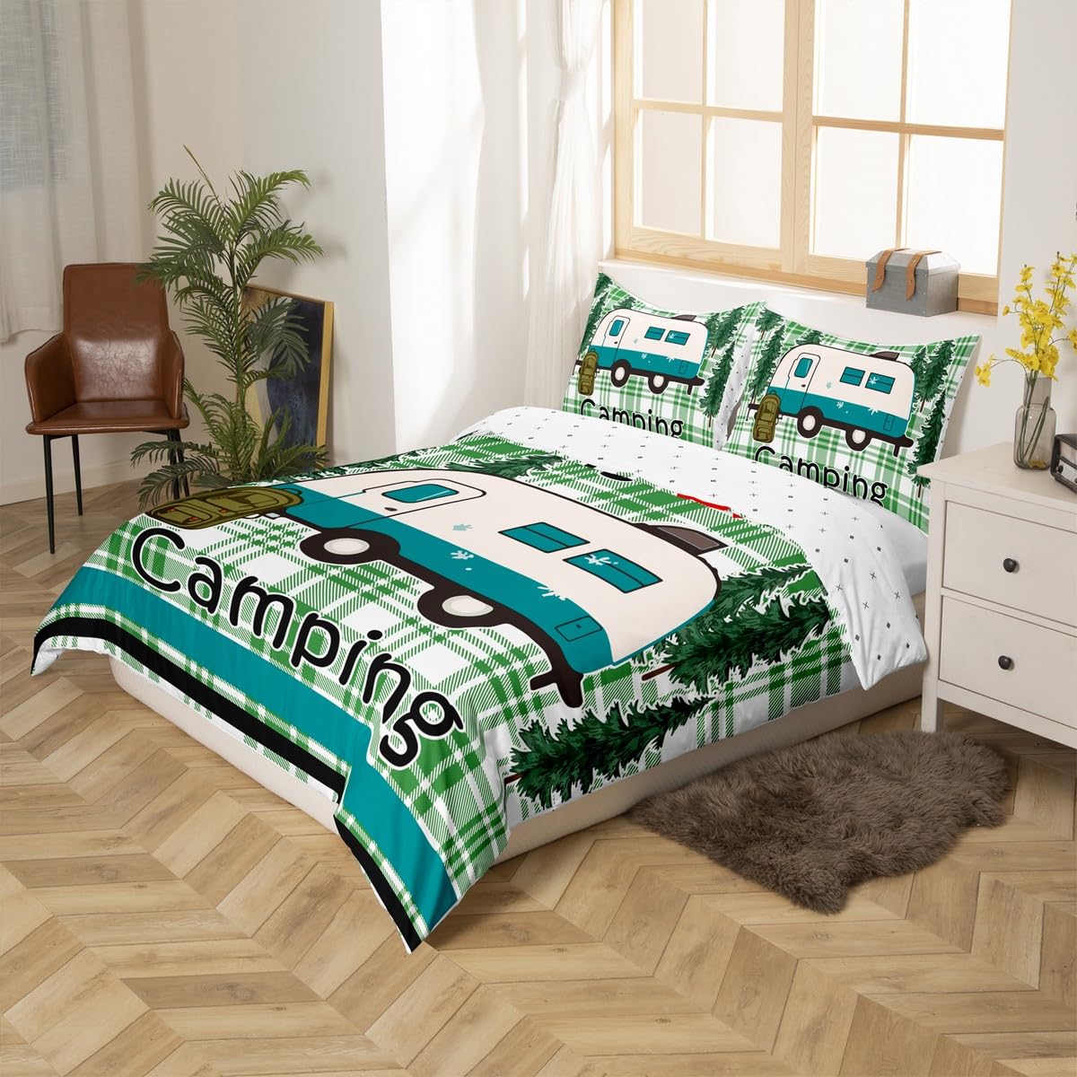 Loussiesd Happy Camping zestaw poszewek na kołdrę w rozmiarze super king size dla dzieci, chłopców, dziewcząt, nastolatków, kampera, kempingu, akcesoria do przyczep podróżnych, zielona poszewka na