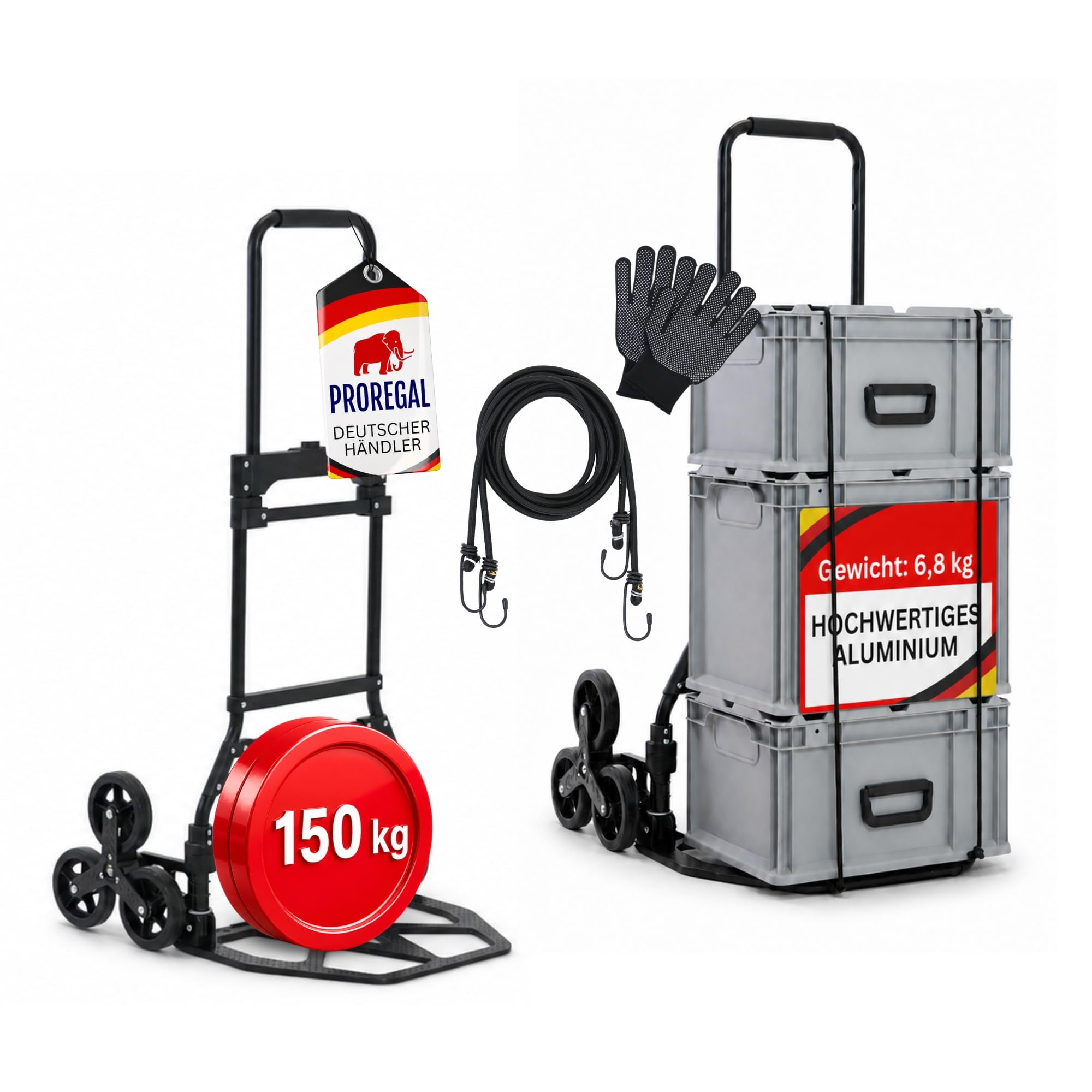 PROREGAL Klappbare Treppensackkarre Elephant | große Schaufel | Traglast 150kg | 6,8 kg leicht | Aluminium, Vollgummireifen Teleskopgriff 100 cm | Schwarz | Sackkarre Transportkarre für Treppen