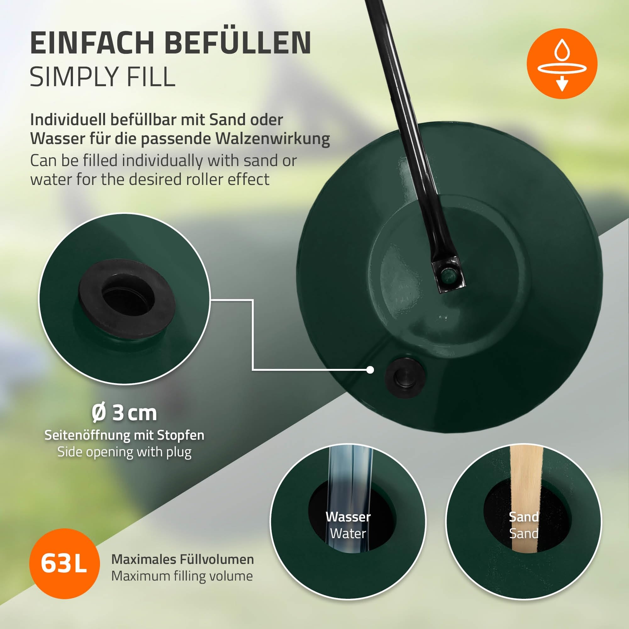 ECD Germany Rodillo de Césped de Acero Verde 90cm de Ancho Aplanador de Jardín 63 litros de Volumen Ø30cm, Rellenable con Agua/Arena Apisonadora Compactar, Aplanar y Remover la Tierra para Plantas